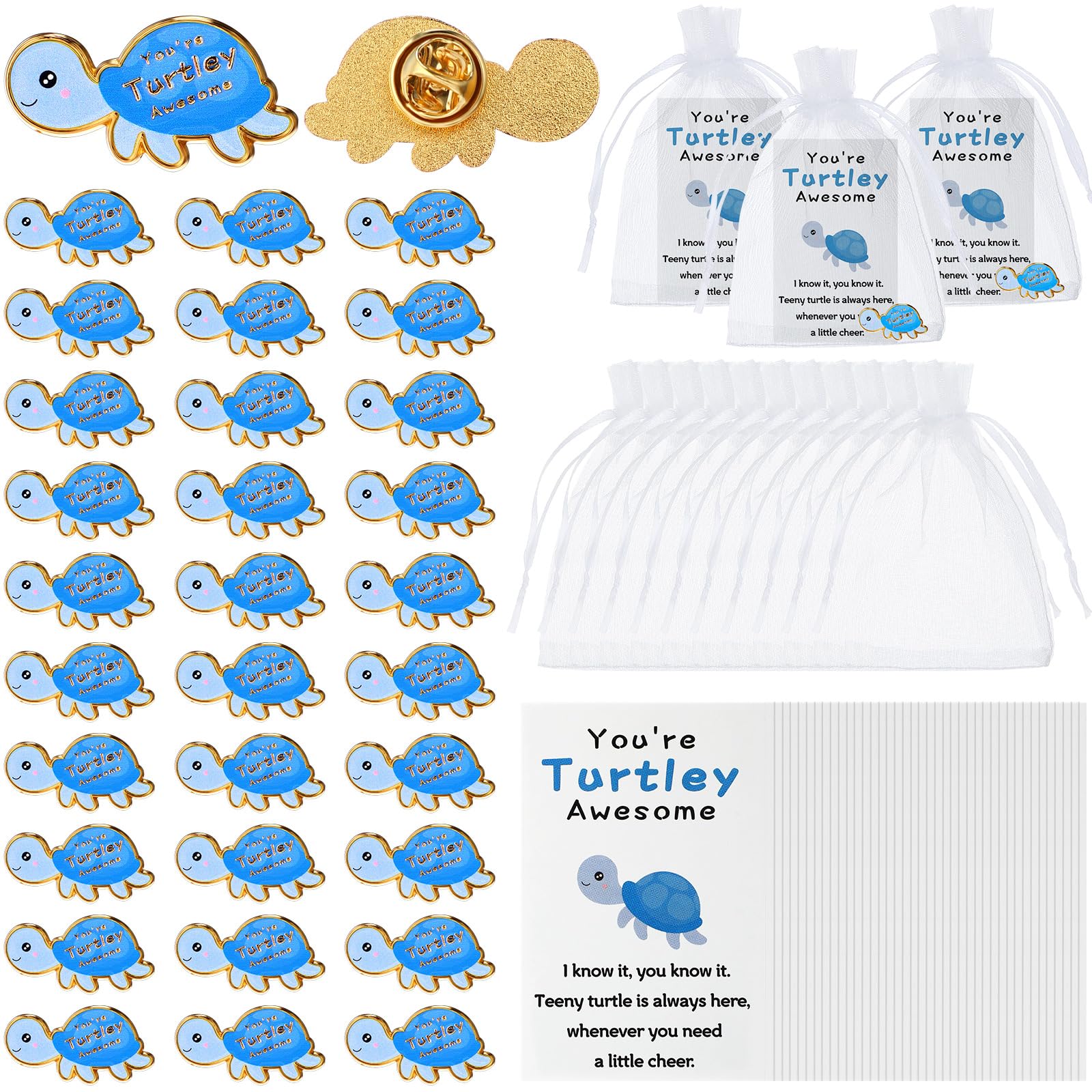 Juexica 30 Sets Employee Appreciation Gifts Bulk Positive Turtle Pins You're Awesome Inspirational Notecard Thank You Gift for Coworker Staff
