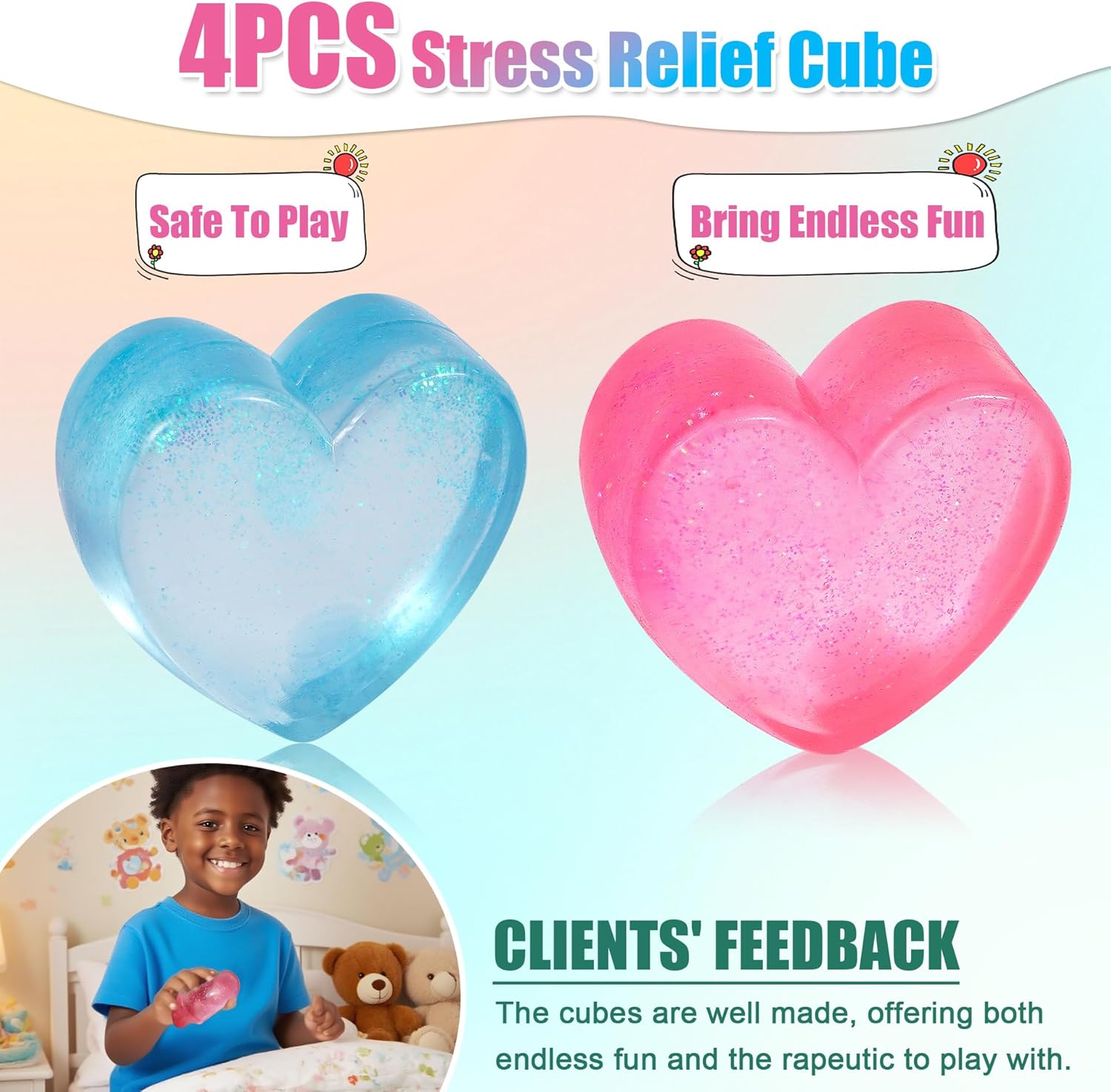 2-Pack Stress Cube Set: Quiet Squishy Toys for Anxiety Relief & Improve Focus, Durable, Sensory Squeeze Blocks for Adult Kid in Classroom Office Home Car (2” Wide, Blue & Pink)