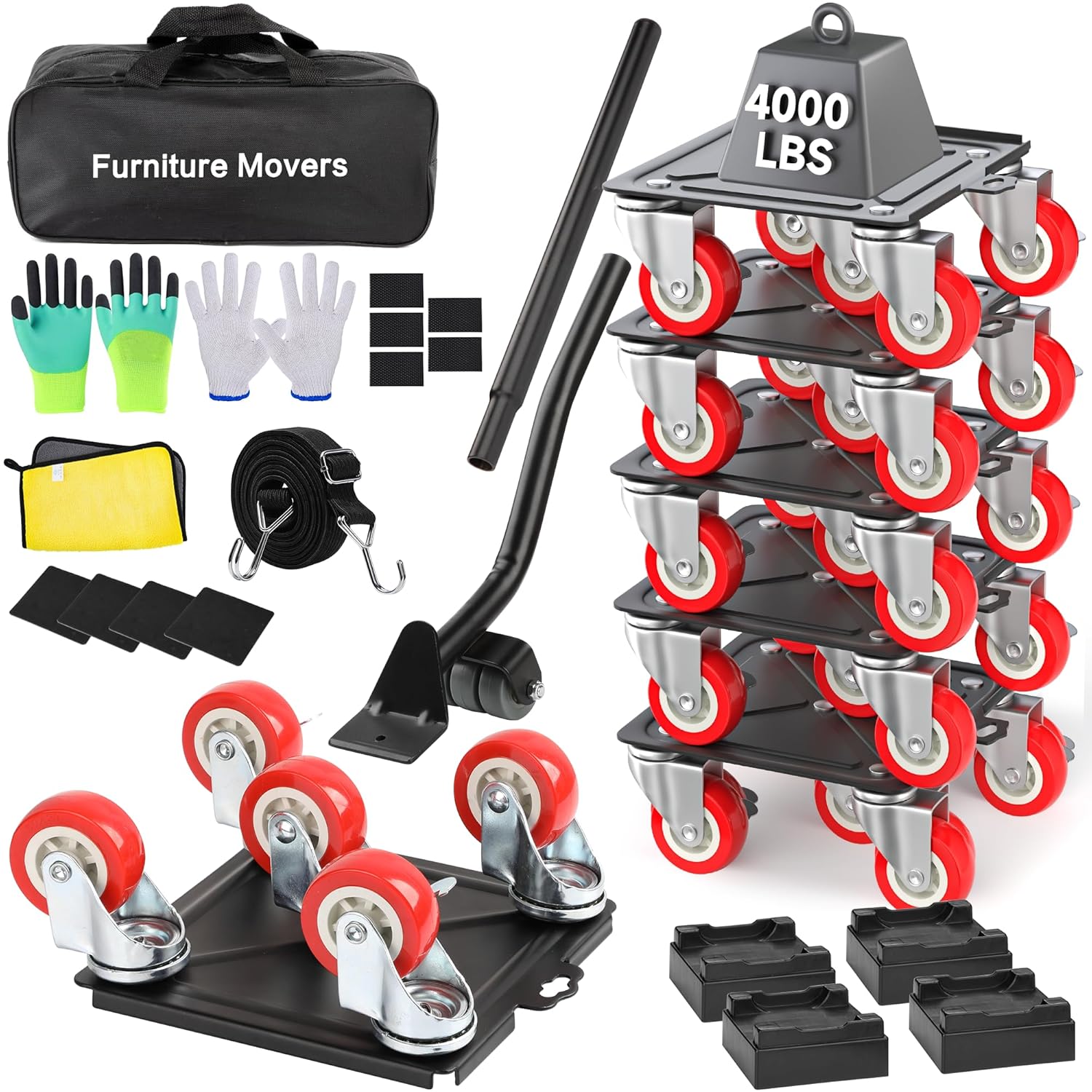Heavy Duty Furniture Dolly with 5 Wheels, 4000 lbs Load Capacity for Easy Moving and Storage, Furniture Lift Mover Tool Set Perfect for Heavy Home or Office - Made of Premium Carbon Steel（6 Packs）