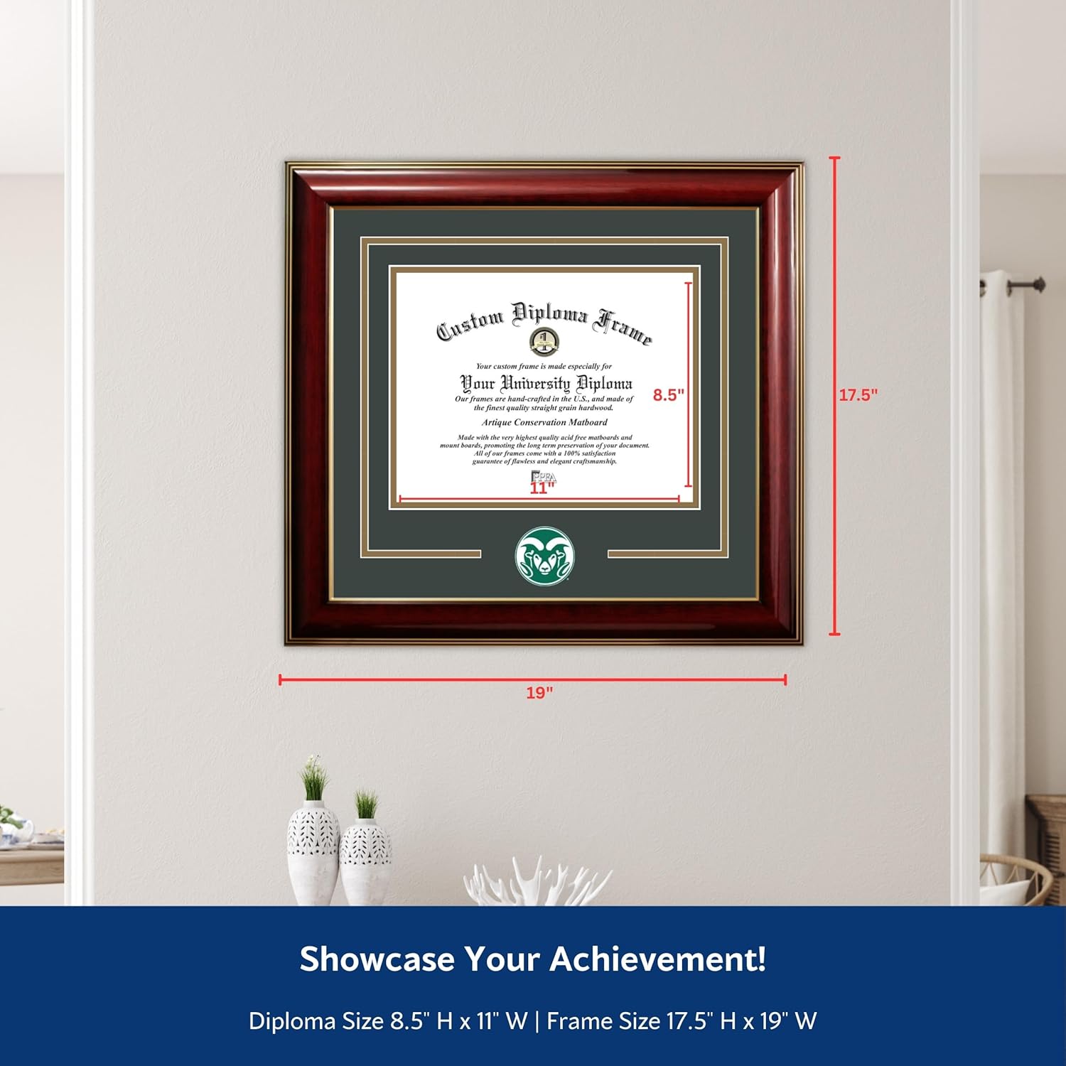 Campus Images Colorado State University Diploma Frame 8.5 x 11 – Classic Mahogany with Gold Trim – Printed Logo, Forest Green & Bronze