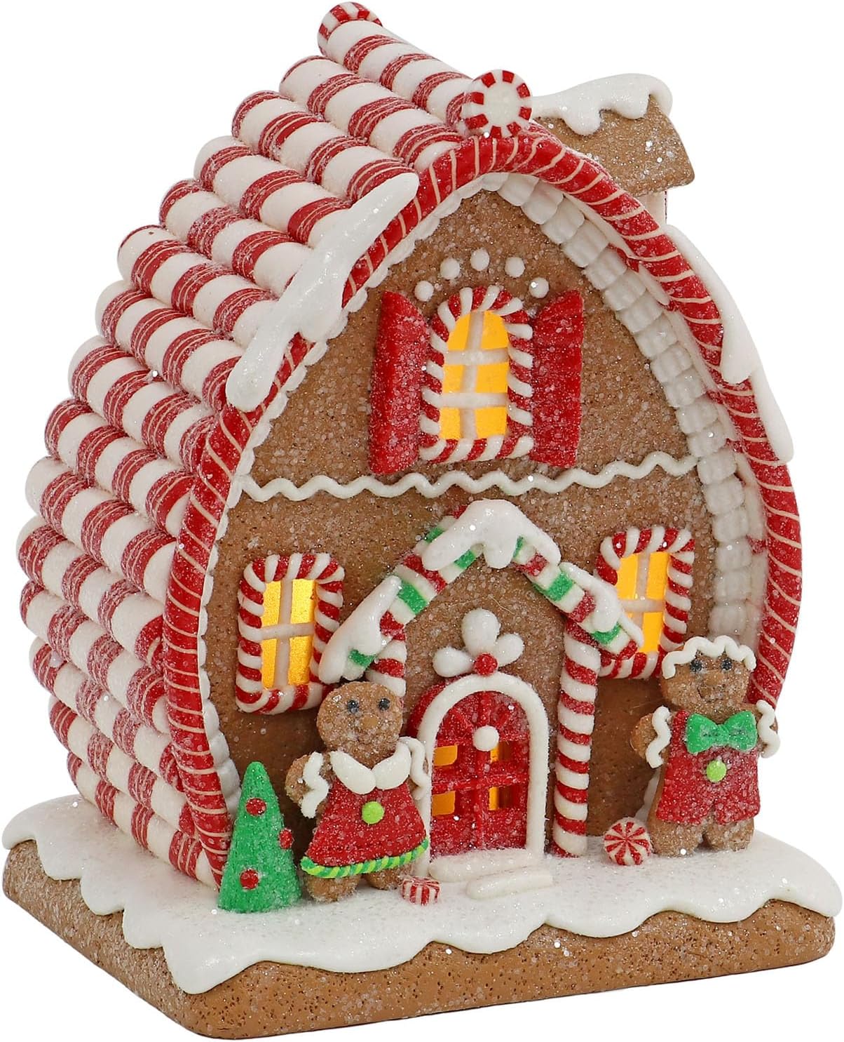 Christmas Decorations 7.25" LED Gingerbread House Xmas Village Ornaments with Gingerbread Human Cookie and Christmas Pine Tree for Home Decor Holiday Decor