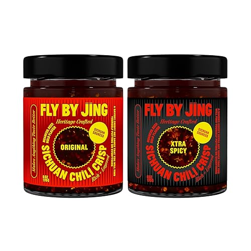 FLYBYJING Spicy Duo - Paquete de salsa crujiente de chile Sichuan prémium y Xtra picante - Picante, rico en Umami, sin gluten, sin OMG - Eleva el