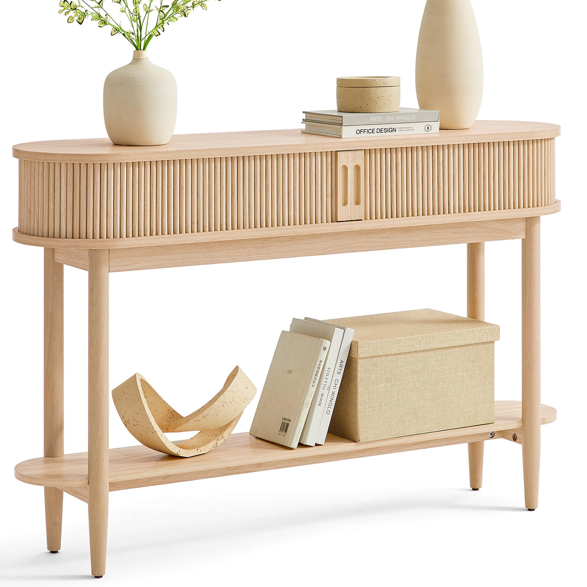 LINSY HOME Fluted Console Table, Mid-Century Modern Entryway Cabinet with Sliding Tambour Doors, Narrow Long Sofa Table, Behind-The-Couch Table for Living Room, Hallway (Light Oak)