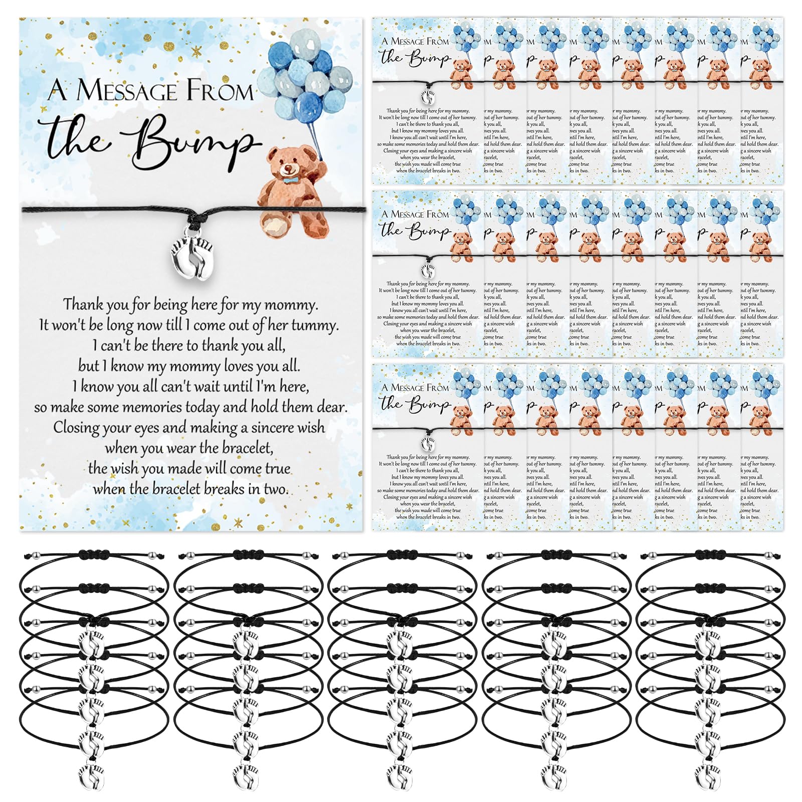 Thyle 50 Set Blue Bear Baby Shower Favors for Guests Adjustable Bracelets with Message from the Bump Card Footprints Charm Baby Shower Bracelets for Gender Reveal Thank You Gifts