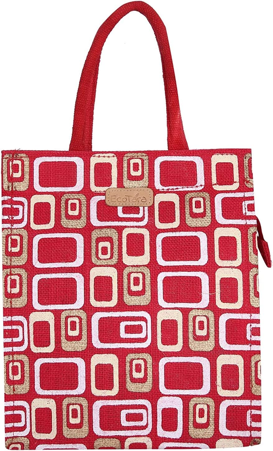 ECOTARA Women's Unique 3 Color Print Golden Glaze Jute Lunch Bag with Bottle holder - Crimson Red