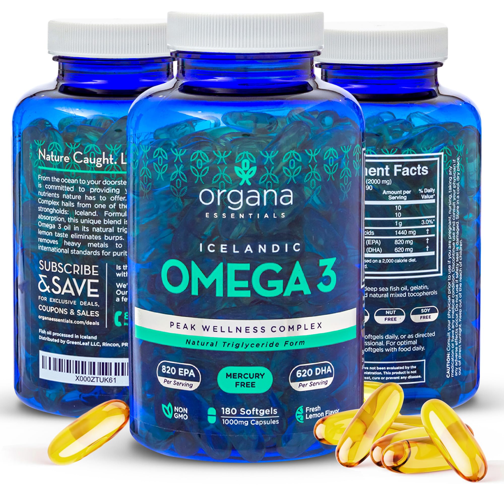 Omega 3 Fish Oil 2,000 mg - High EPA 820 mg + DHA 620 mg - 180 Triple Strength Burpless Lemon Flavored Softgels