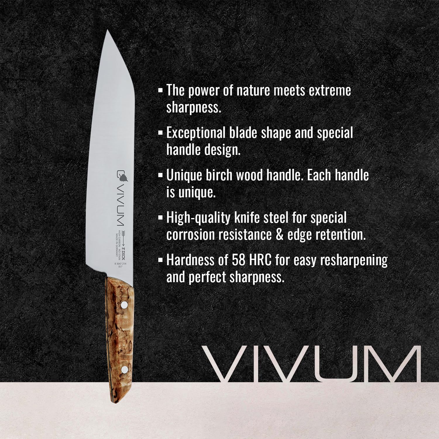 F.DICK Couteau de chef VIVUM (couteau de chef avec lame de 21 cm, avec manche en bois de bouleau, 58 HRC, tranchant incurvé, couteau de cuisine) 83647212H, Black