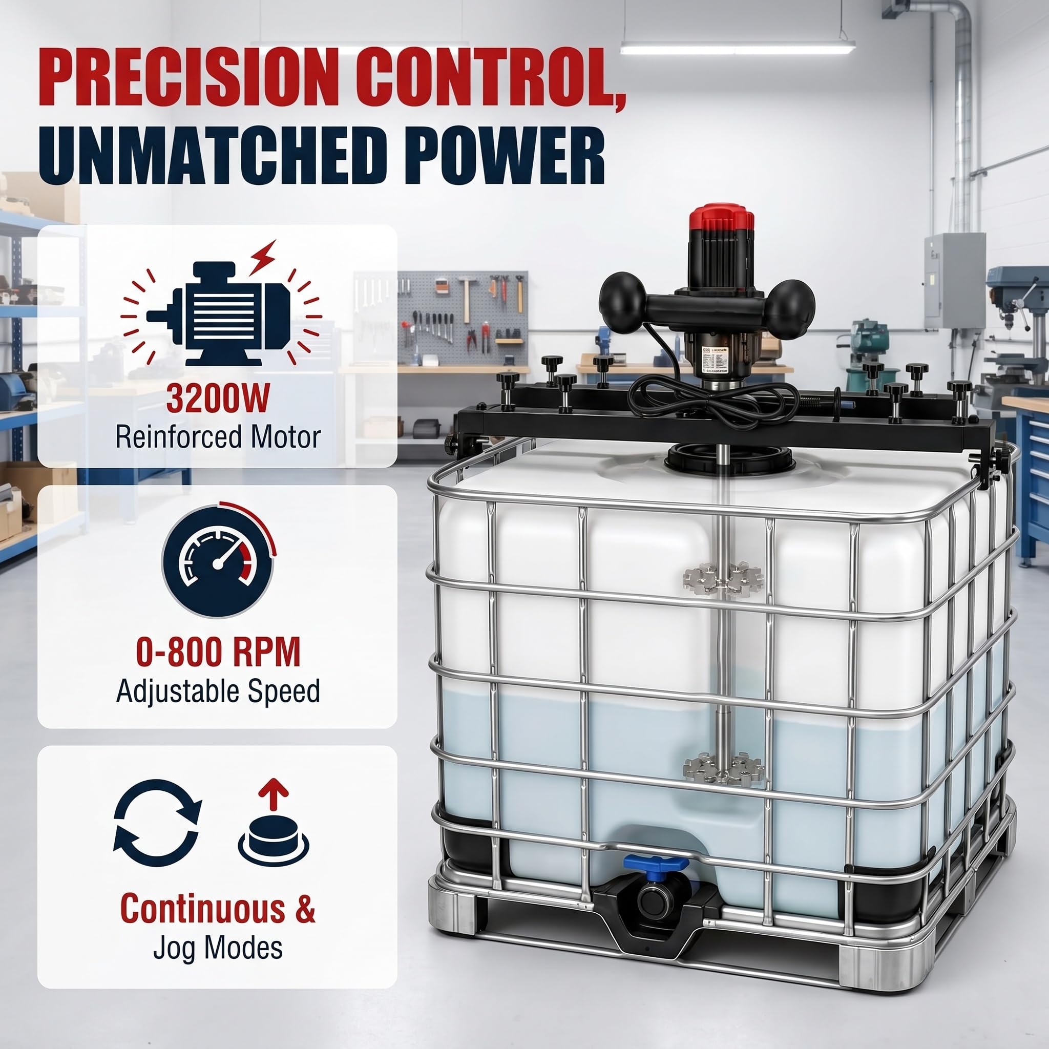 Mieszadło IBC Tote Mixer 110 V 3200 W IBC z regulowanym wspornikiem 65-125 cm, wałem 89,9 cm i 3 opcjami wirnika, mieszacz zbiornikowy do torby IBC, farby, fugi, tynku A
