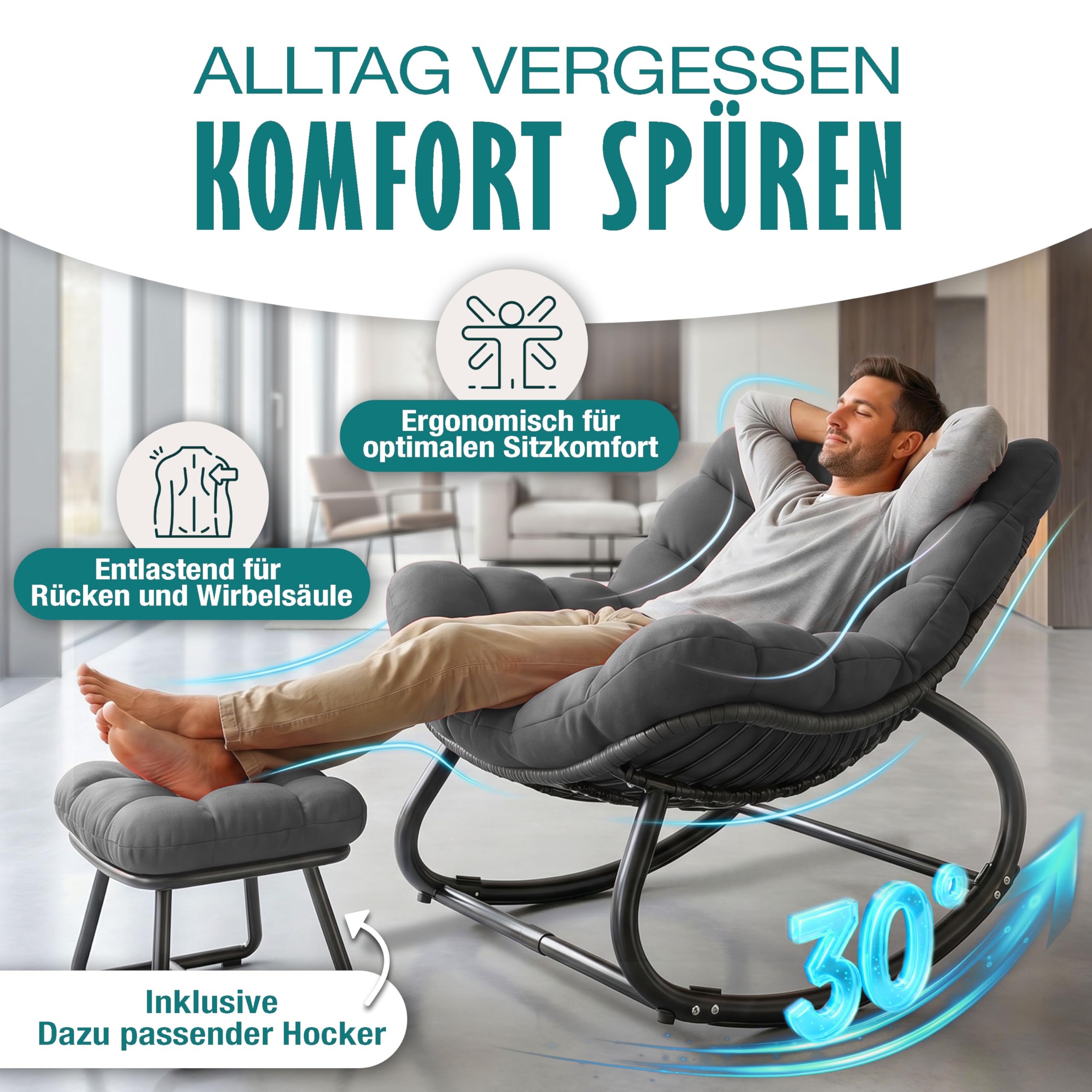 KESSER Mecedora con reposapiés para interiores y exteriores, ergonómica, carga máxima de 120 kg, silla de relax, patas antideslizantes, resistente a la intemperie, ideal para balcón, jardín y salón