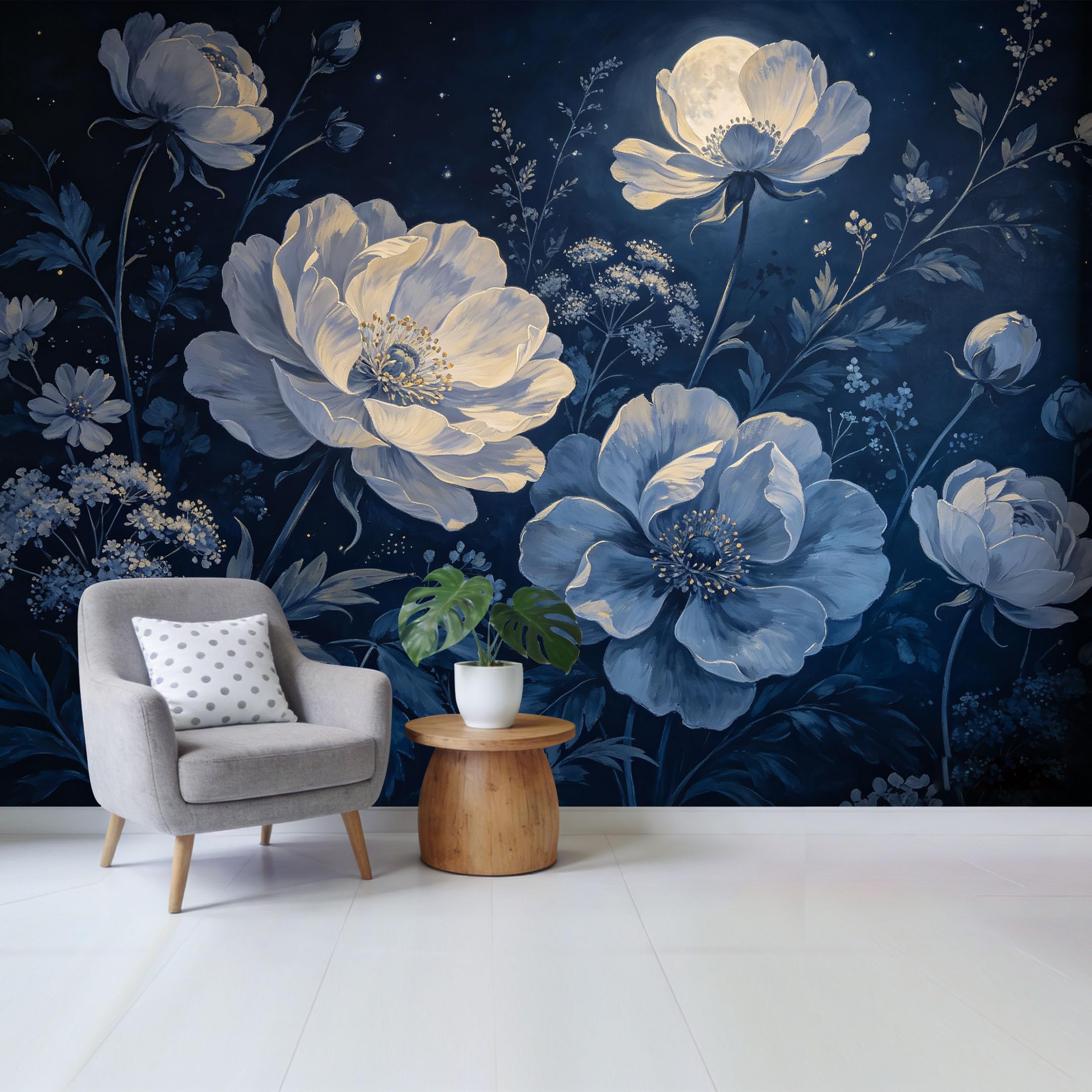 Qzlithotic Yq2605250114 Custom Size Wall Mural Midnight Botanical Moonlit Peony Floral Oil Painting Style Selfadhesive Wall Fabric Removable Wallpaper For Home Office Decor