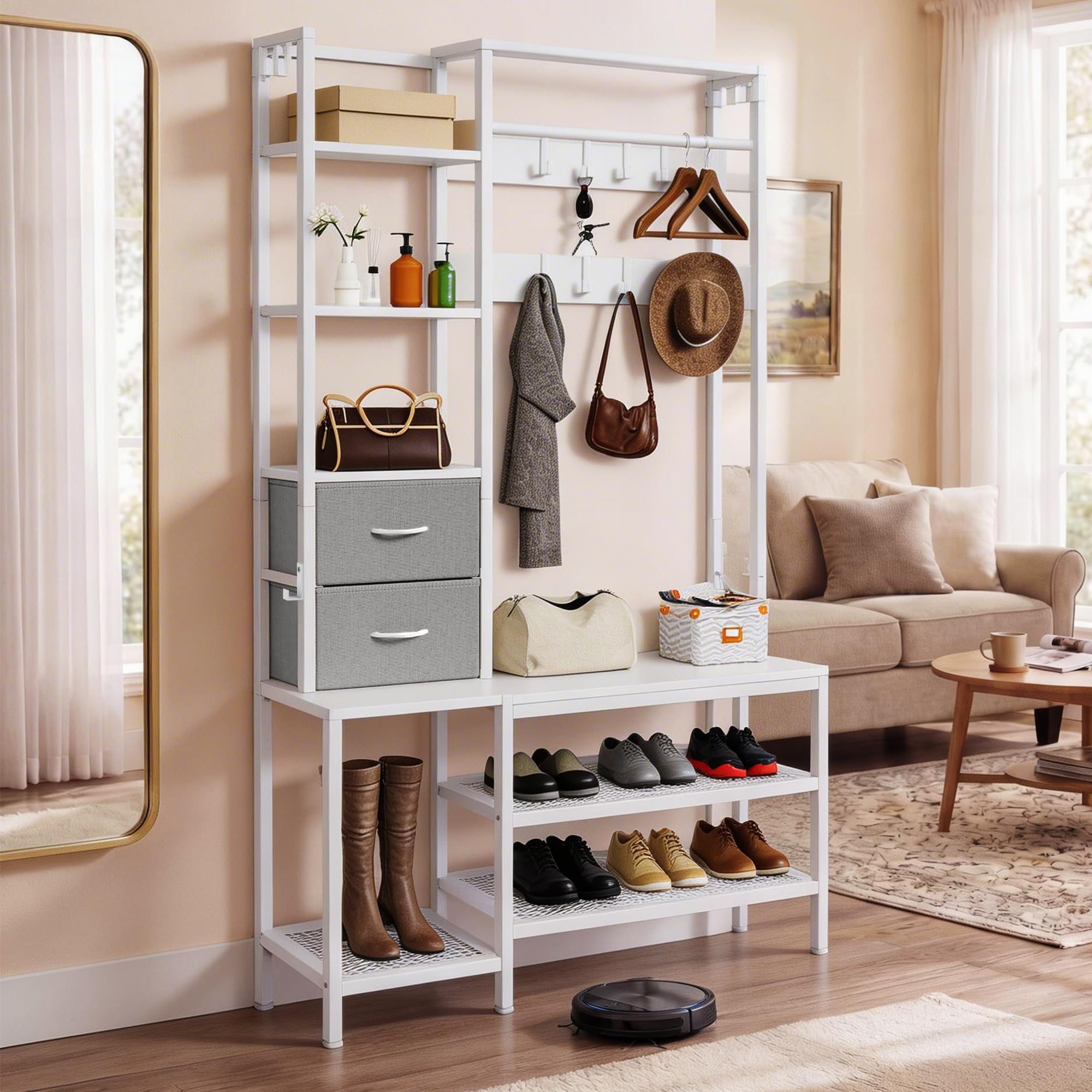 YITAHOME Coat Rack Stand with Shoe Storage, Freestanding Hallway Unit with 2 Shelves, Industrial Coat Stand with 9 Hooks for Hallway Living Room Bedroom, Metal Frame, White
