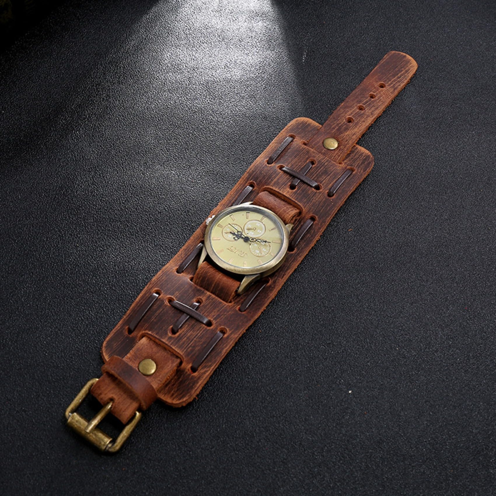 Orologio da uomo, orologio casual da uomo, orologio retrò in pelle di vacchetta invecchiata, stile punk largo cinturino in pelle orologio al quarzo per uomo