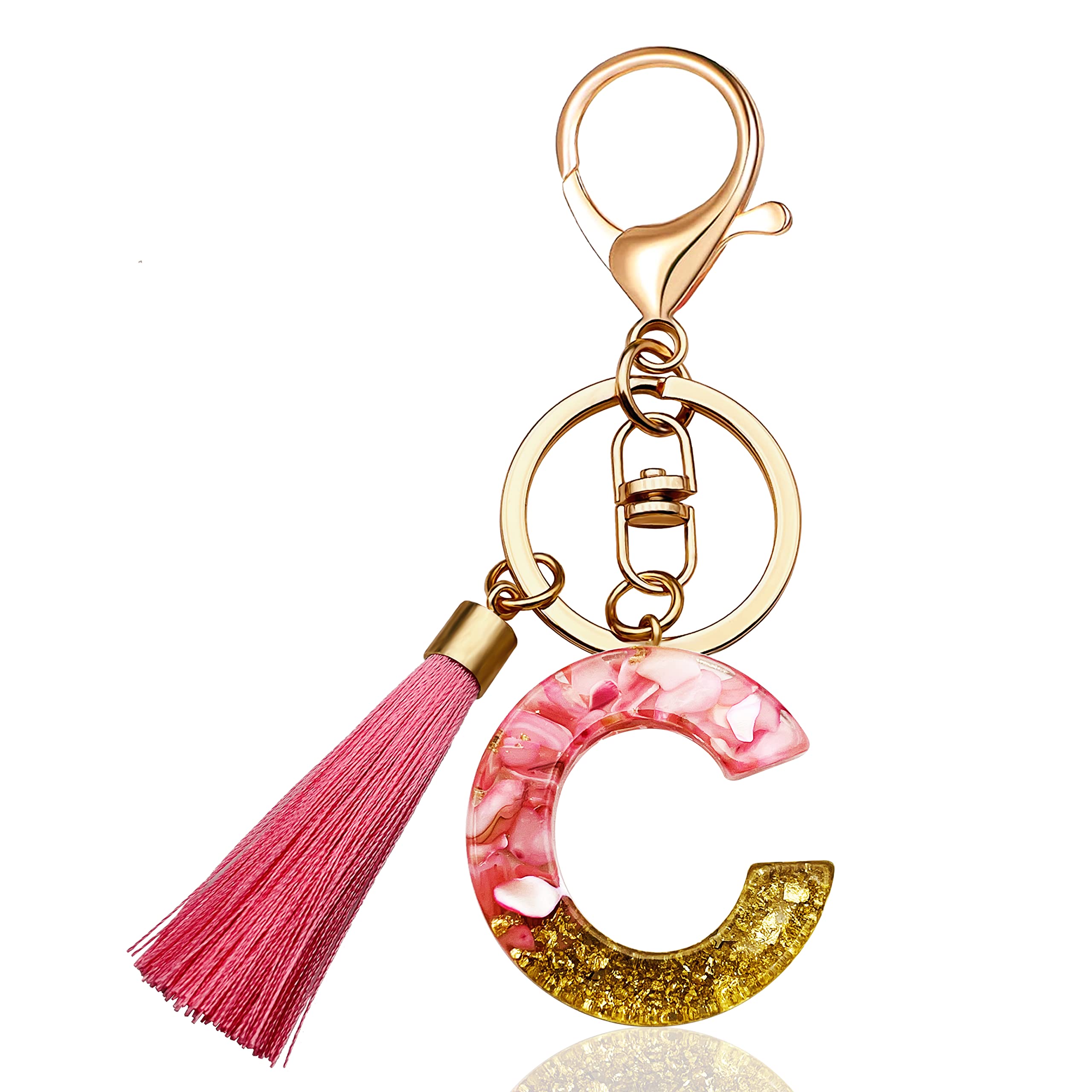 Backpack Keychains gifts for Women Initial Letter Keychain for Cute Car key White Pink Tassel Bling crystal shiny