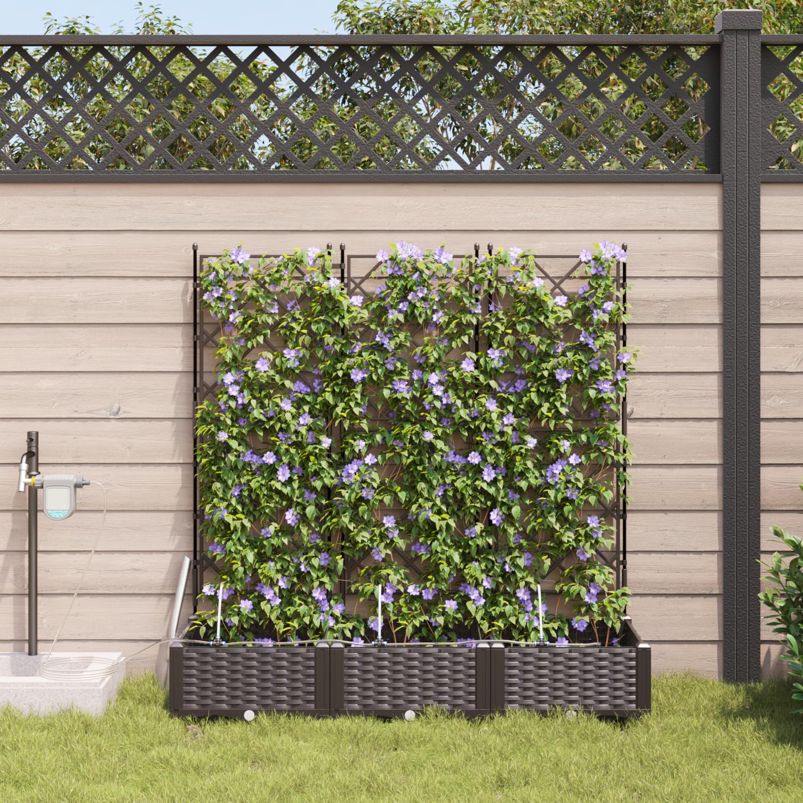 Macetas altas con sistema de riego y enrejado, juego de 3 unidades, color marrón, rectangular, 120 x 40 x 126 cm, para jardín, balcón, terraza, plástico resistente, mate, interior y exterior