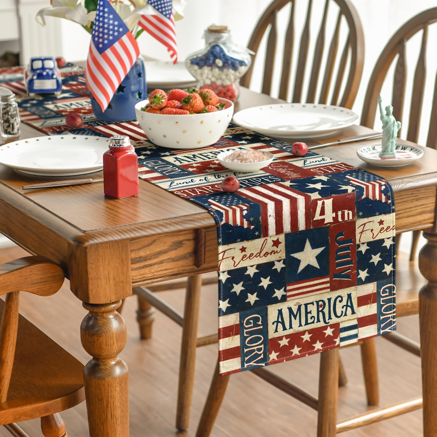 Artoid Mode Stars Stripes American Flag 210 GSM 4th of July Table Runner, Memorial Day Kitchen Dining Table Decoration for Home Party Decor 13x72 Inch