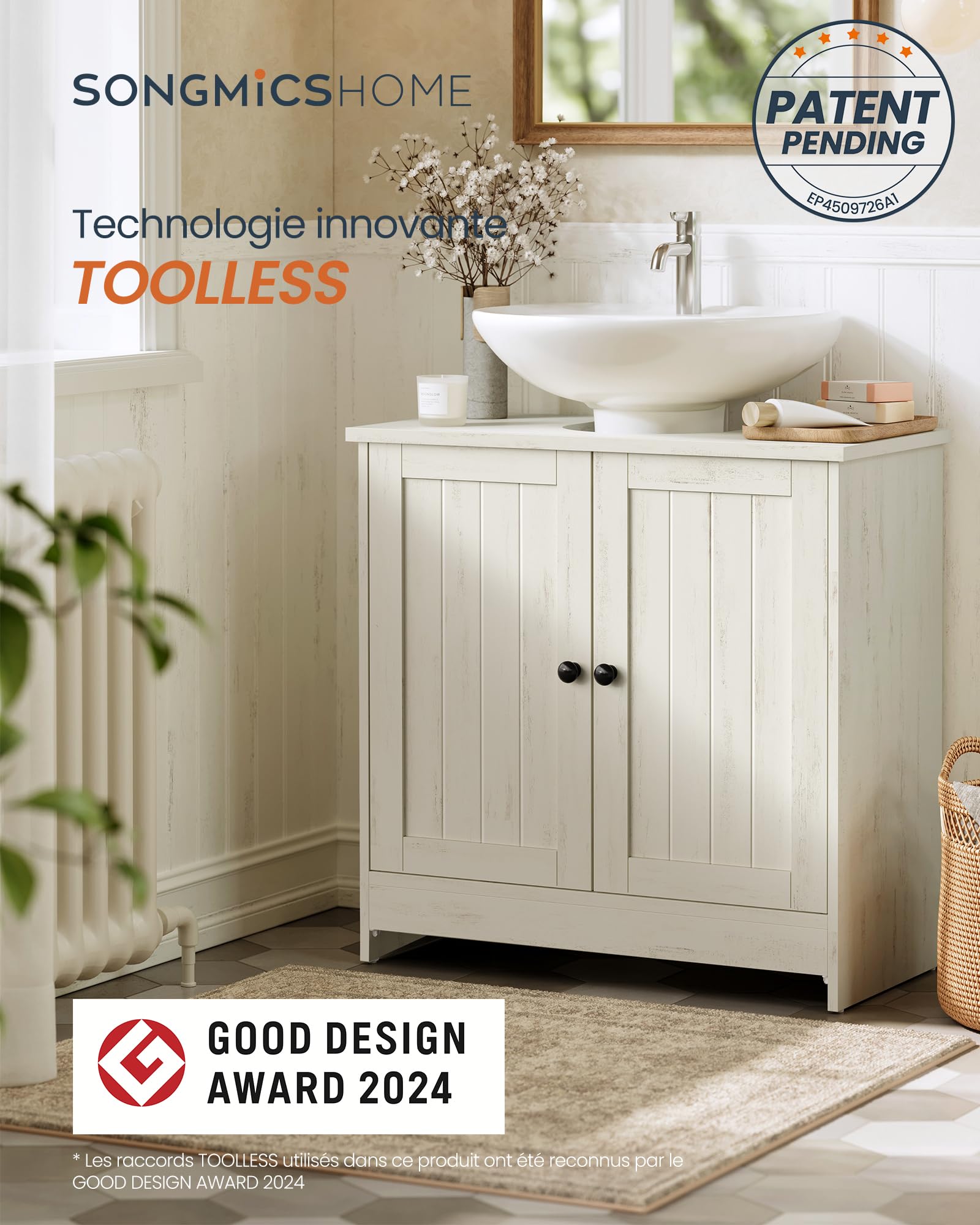 SONGMICS Home Meuble sous Lavabo, Assemblage Ultra-Rapide sans Outils Toolless, Meuble de Rangement avec Étagère Réglable, pour Lavabos avec ou sans Colonne, Blanc Rustique BBC223WJ01