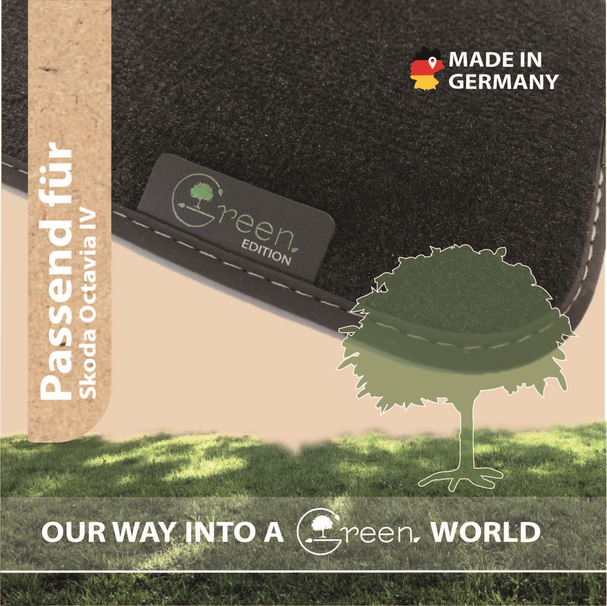 Green Edition – Auto-Fußmatten Passend für Skoda Octavia 4 | (BJ 03/2020 - 01/2024) | nachhaltiges Velours | Automatten-Set, 4-teilig | Made in Germany, Erstausrüsterqualität