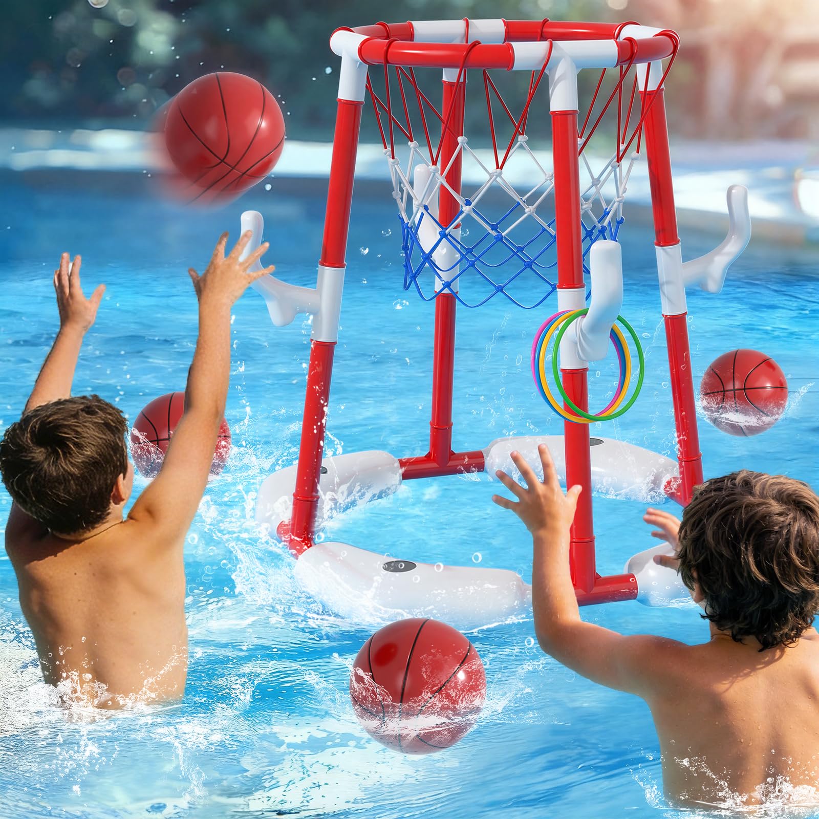 Anneau de Basket-Ball pour Enfants de 4 à 8 et 8 à 12 Ans, Jeu d'eau 2 en 1, Flottant et Hors Sol, avec 4 balles, 12 Anneaux et Pompe, Jouet d'extérieur pour Piscine pour Adultes, fêtes d'été