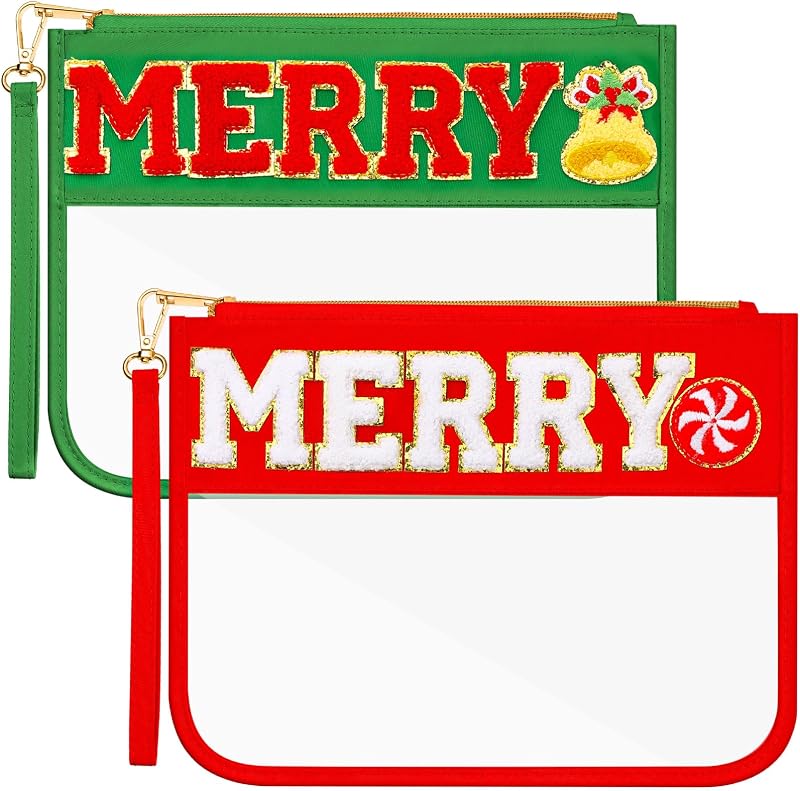 Remerry Necessaires transparentes com letras em chenille, vermelha e verde, pacote com 2
