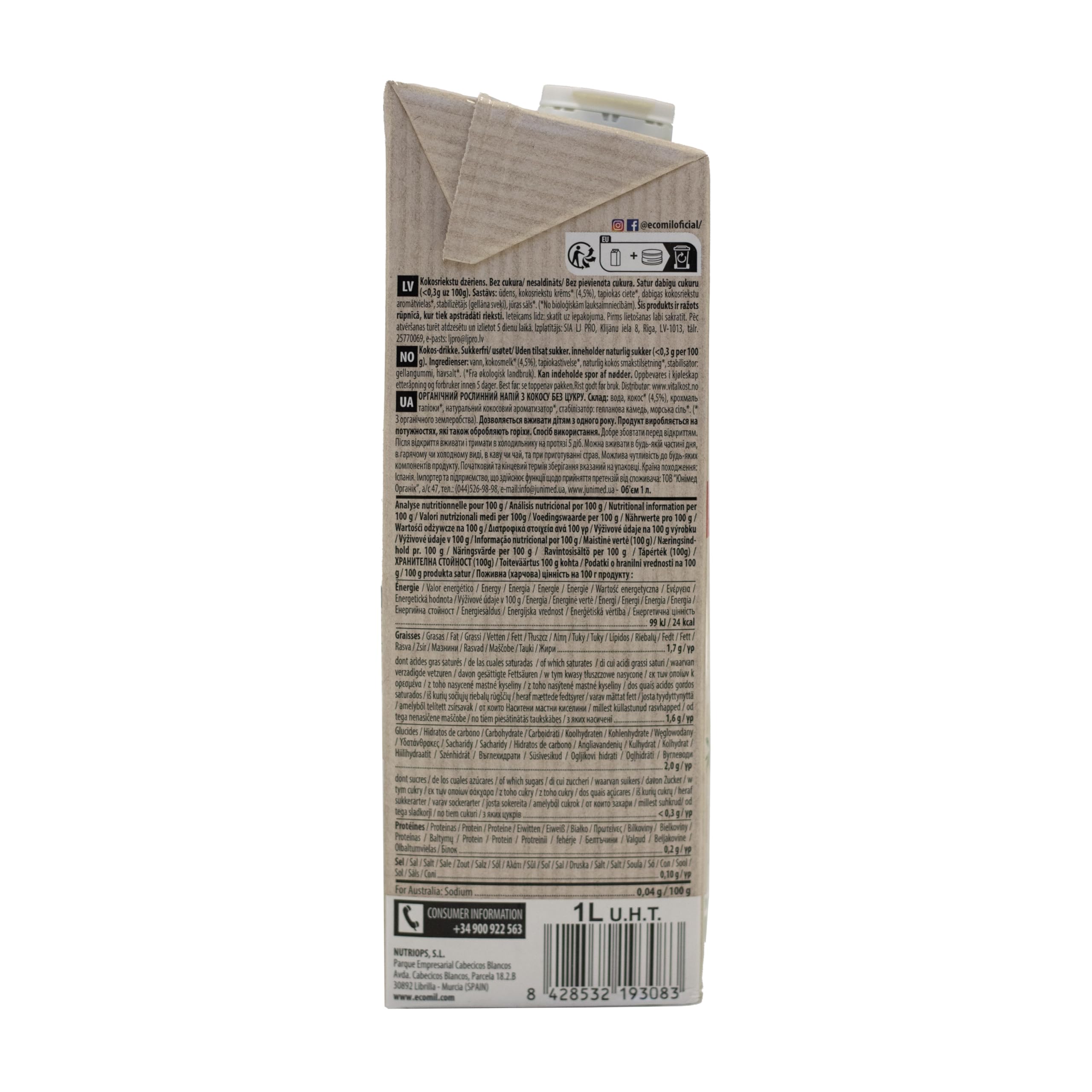 Ecomil - Bebida de Coco Ecológica, Bebida Vegetal, Leche de Coco Bio, Sin Azúcares, Fuente de Calcio, Ingredientes de Agricultura Ecológica - 1L