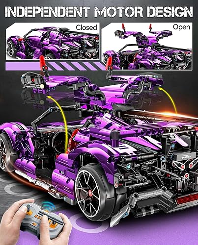 Miniatura 2 de Juego de construcción de autos deportivos plateados color morado, kit de construcción coleccionable para adultos y modelo de juguete de carreras,