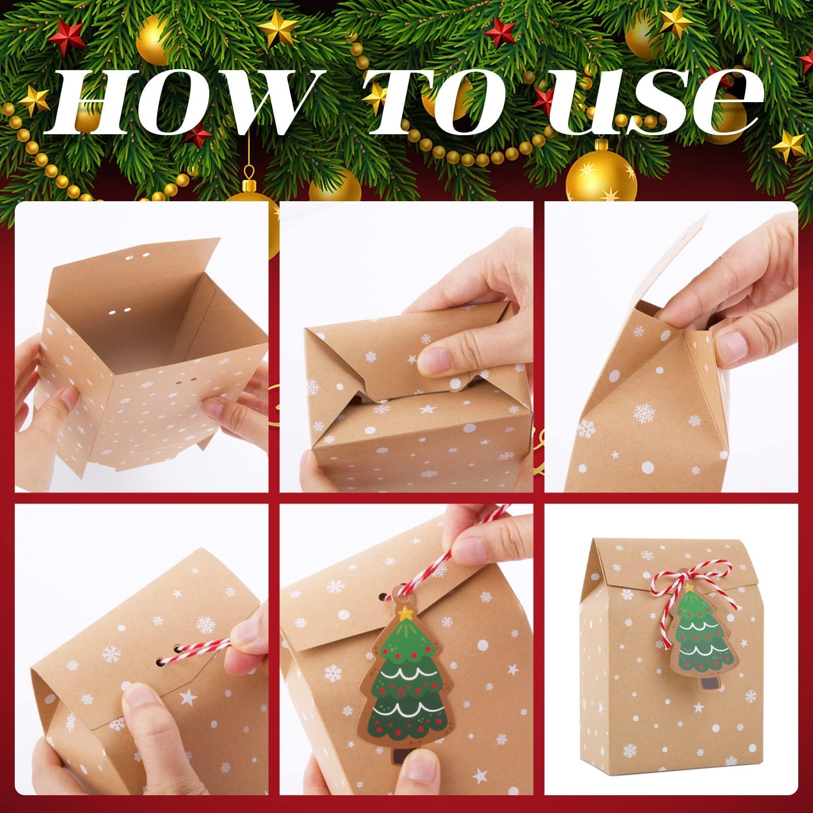 TLOXO 24 Sacchetti Regalo Natalizi – 4 Stili Con Adesivi – Scatole Regalo In Carta Per Natale, Matrimoni, Compleanni – 12x8x20,5 Cm
