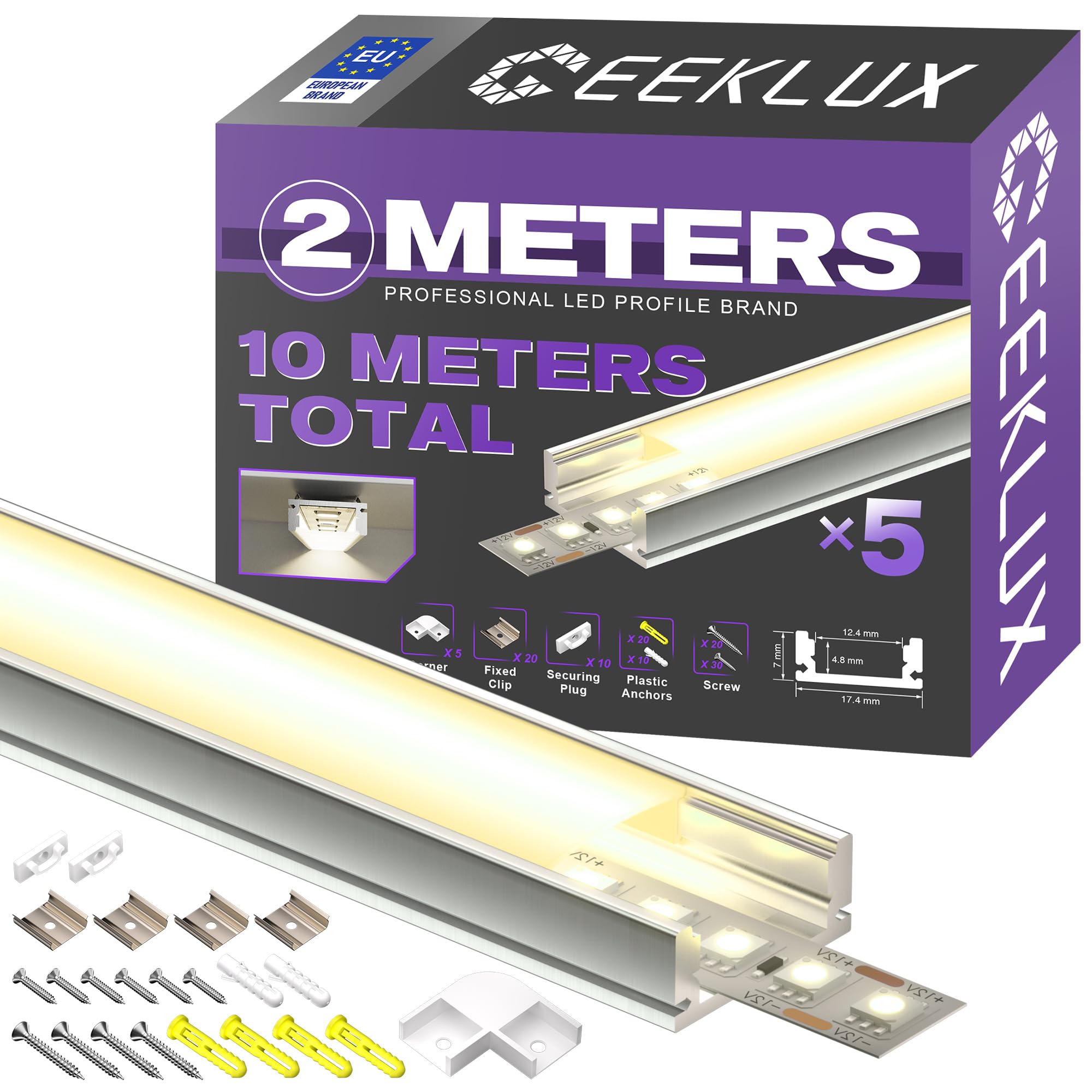 5 x Profilés en Aluminium pour Bandes LED 2 m (Total 10 m), Canaux LED en Forme de U max Ruban Led 12 mm, avec Couvercle Blanc Crème Diffuseur LED, Metal Mounting Clips - 2000 x 17,4 x 7 mm