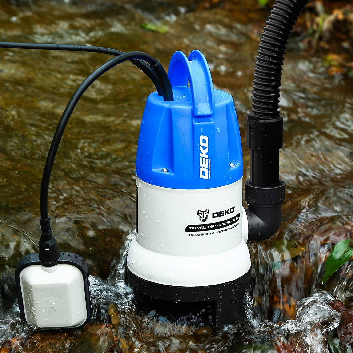 DEKO Pompa sommergibile portatile 400W 8000L/H Pompa acqua pulita/sporca Piscina Vasca da giardino Scarico per laghetto con interruttore a galleggiante e cavo lungo 10 m Blu
