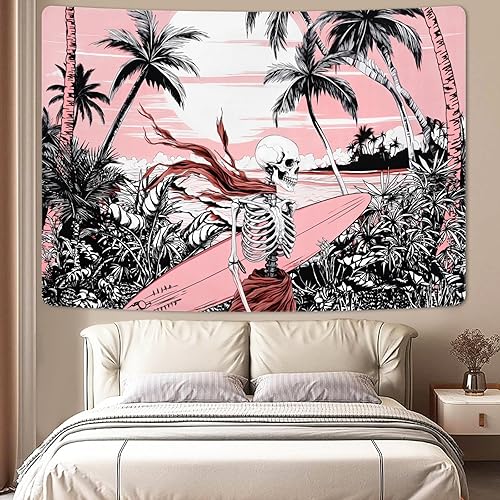 Miniatura 3 de Uspring Tapiz estético de calavera Trippy, tapiz rosa con diseño de atardecer y océano, tapiz de pared para colgar en la pared, tapiz de paisaje