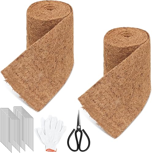 Timgle 2 rollos de fibra de coco natural de 120 x 6.3 pulgadas, forro de fibra de coco para jardín, barrera de malezas con 30 estacas de acero en