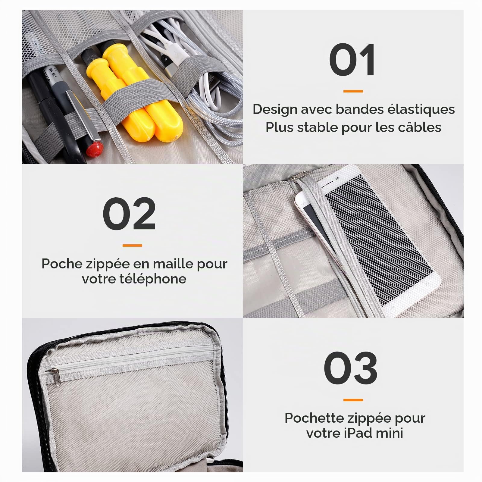 OrgaWise Sac Électronique Multifonctionnel Portable Étanche pour Tablette, Disque Dur, Chargeur (Noir, 3 Couches)