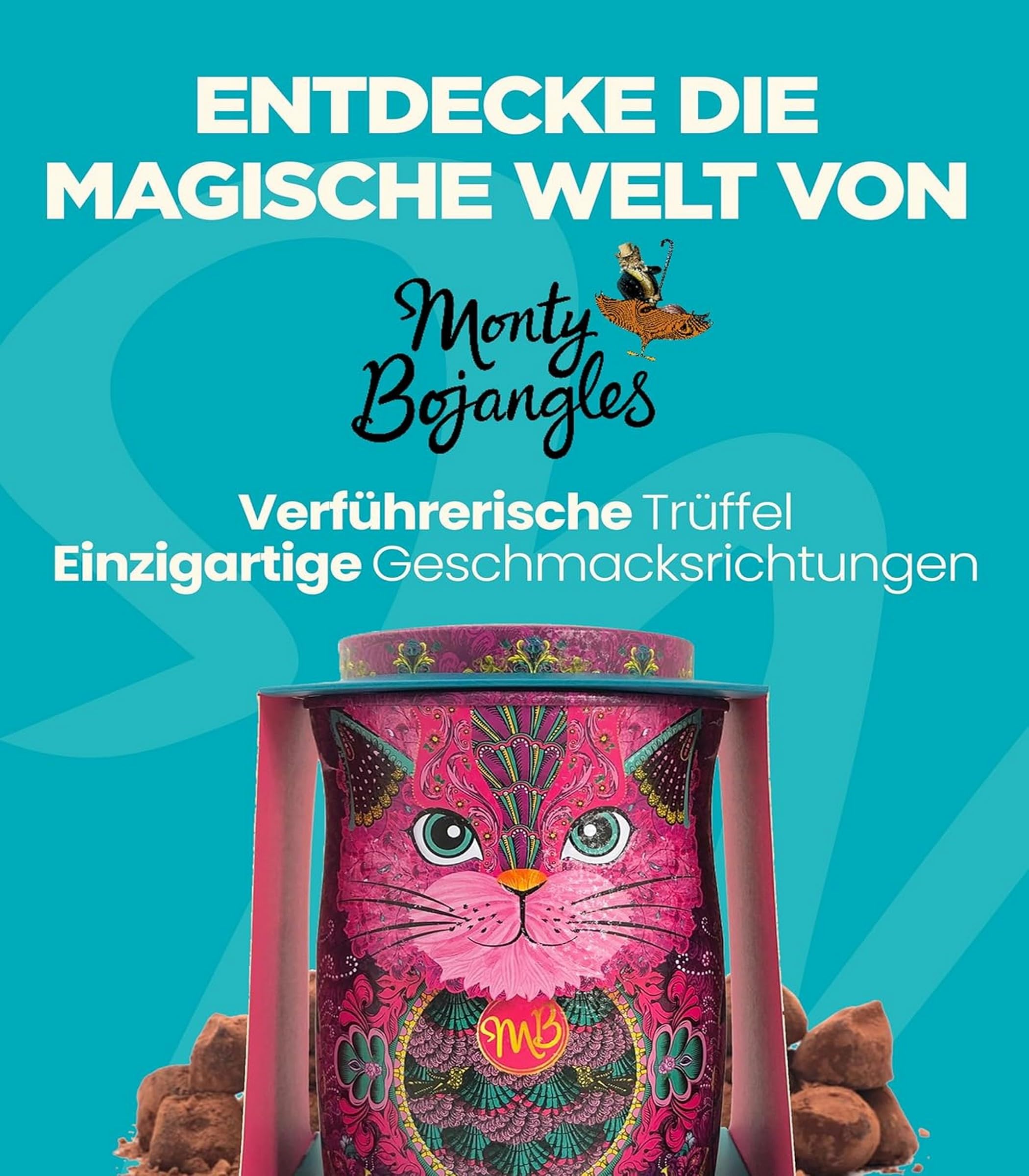 Monty Bojangles Kit-Tins Schokoladentrüffel (4 x 36g) Truffle Pralinen mit Kakao bestäubt Pralinen, Schokolade Sammlerdose mit Katzen-Design, Geschenkset mit vier Geschmacksrichtungen