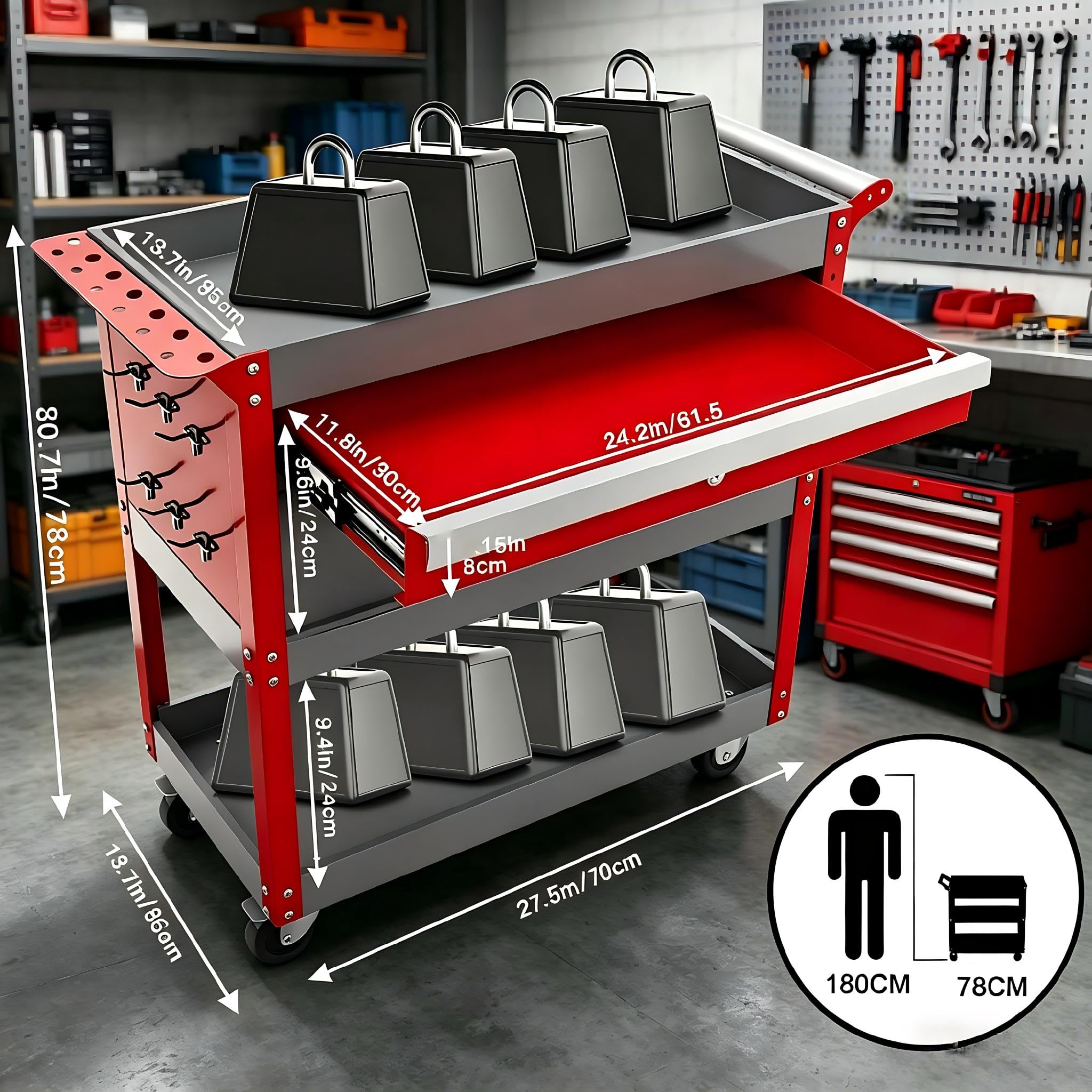 AIRAJ Chariot à roulettes Rouge à 3 Niveaux avec tiroir et Porte-Tournevis