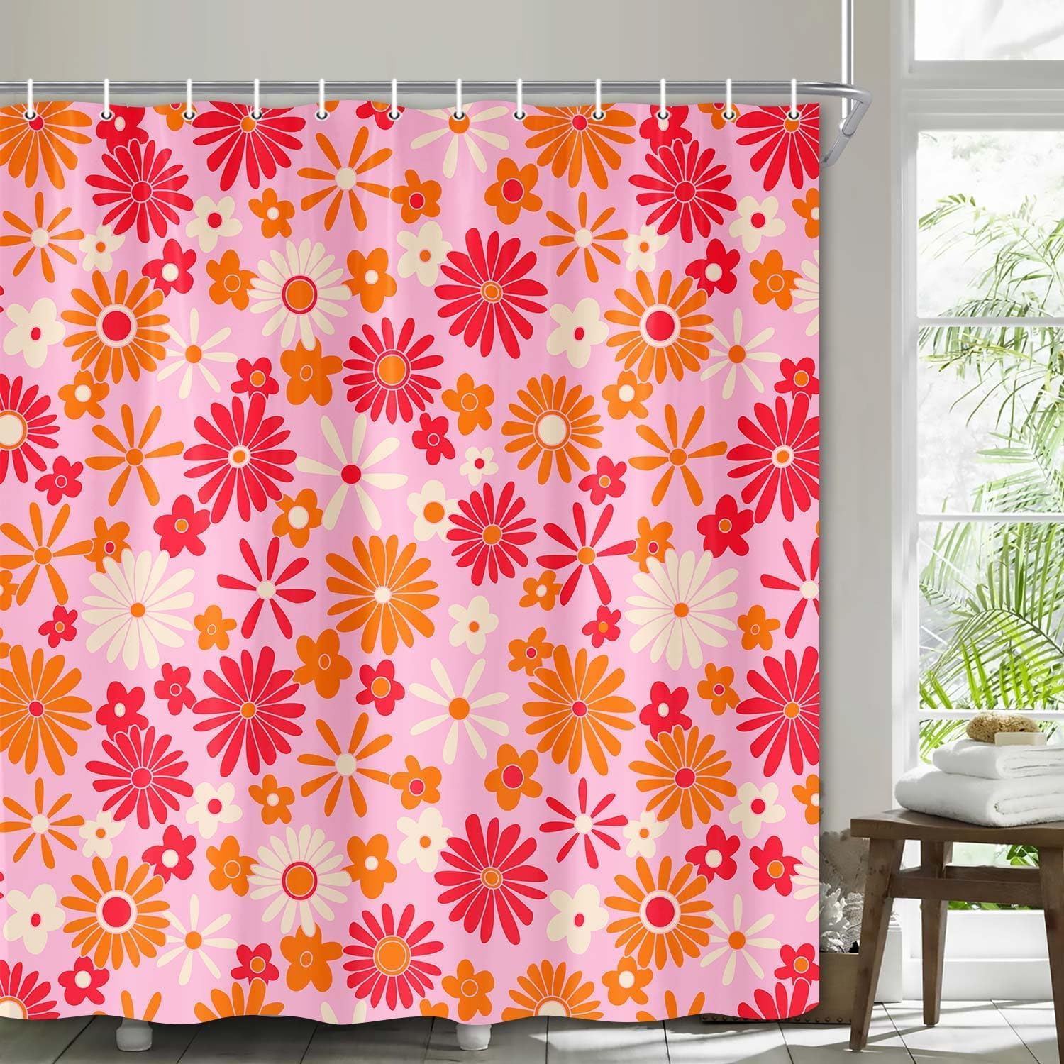 Retro Flower Hot Pink Shower Curtain Cute Vintage 70s Groovy Floral Bathroom Accessories, Boho Hippie Funky Chic Bathtub Curtain with Colorful Flowers Modern Artistic Fabric Bathroom Decor Set 70X75IN