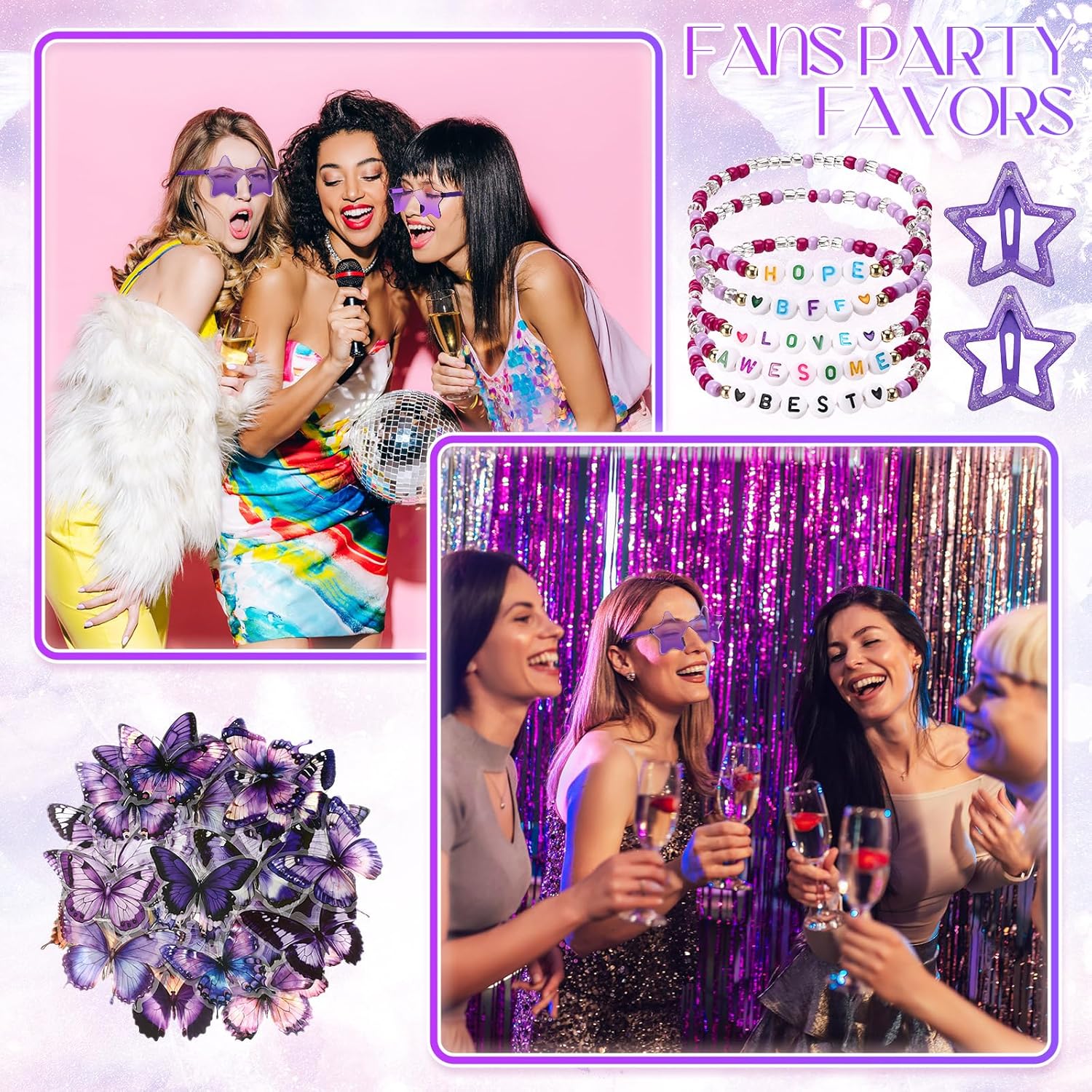 Quelay 134 Pcs Kpop Disco Party Favors Popular Singer Party Friendship Gift Set Birthday Bracelets Sunglasses Satin Scrunchie Clips Stickers Bags for 80s Y2k Fans Women(Star,Purple)