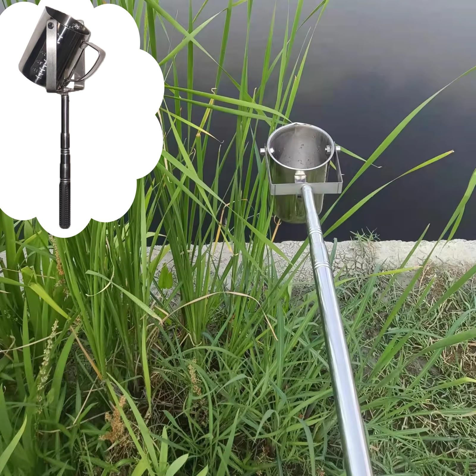 Cucchiaio per campionamento d'acqua con asta telescopica, estrattore di campioni liquidi da 1000 ml con becher in scala, strumento a testa oscillante per test di stagni fluviali