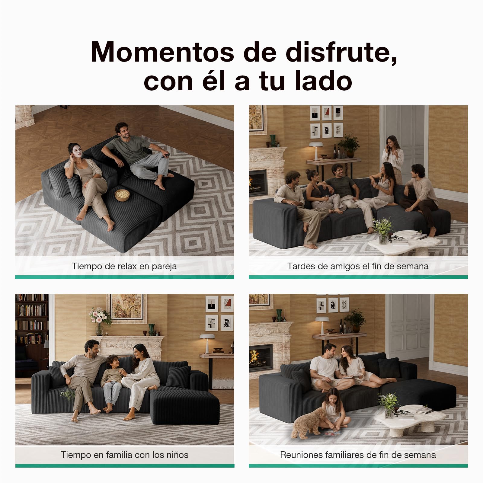 Novilla 270 cm Sofá Esquinero Modular Componible 3 Plazas en Terciopelo | Muelles Ensacados Smarts Coil®, Sin Montaje, Terciopelo Acanalado, 5 Cojines Incluidos