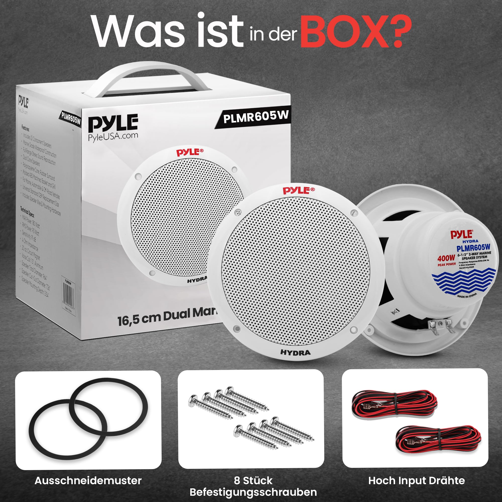 Pyle 16,5 cm Dual Marine-Lautsprecher – 2-Wege wasserdichtes und wetterfestes Outdoor-Stereo-System mit 400 W Leistung, Polypropylen-Konus und Butylgummi-Sicke – 1 Paar, Weiß