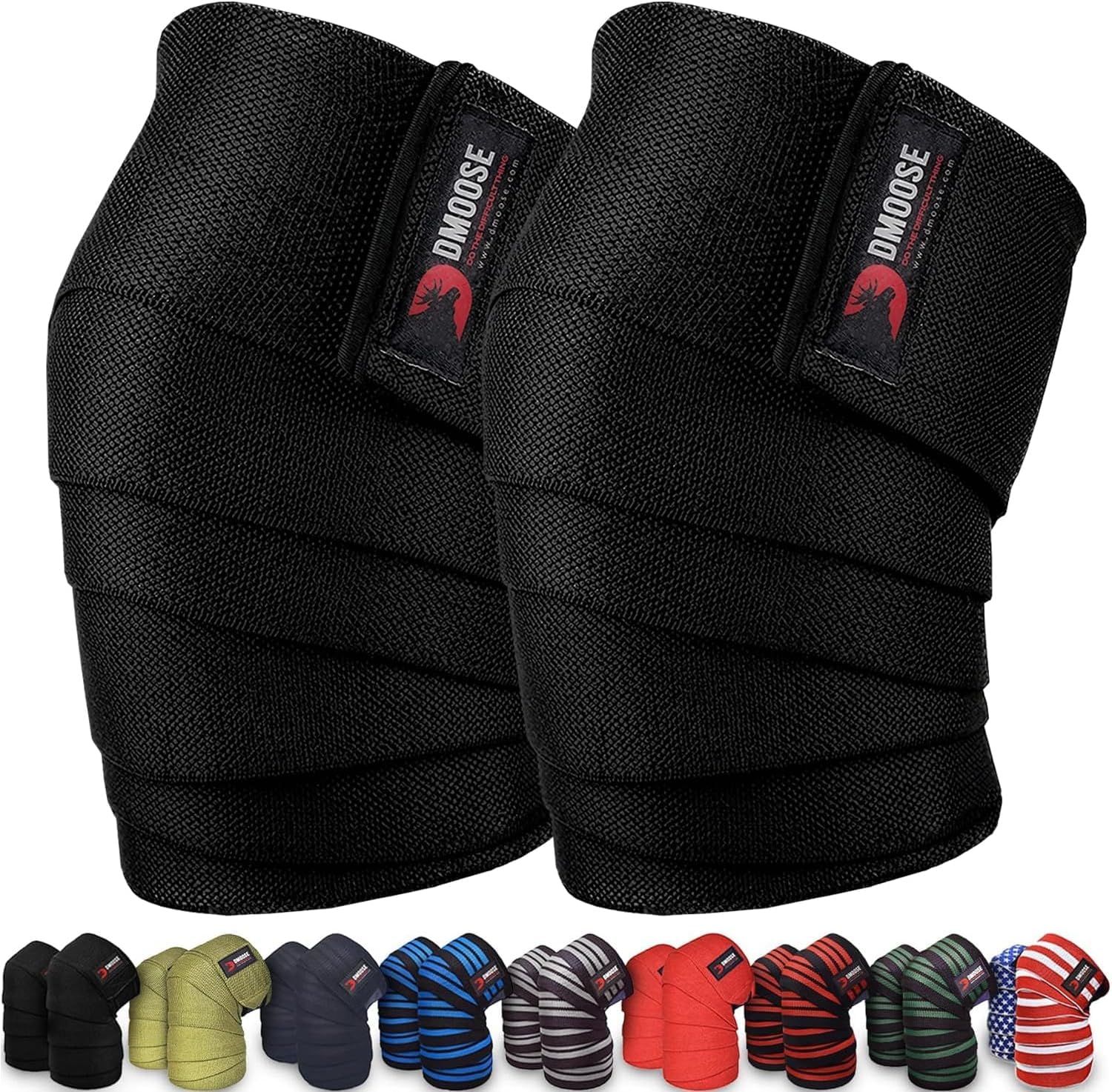 DMoose Fitness Knee Wraps for Weightlifting (Pair) - USPA Approved 78" Cotton Straps for Powerlifting, Leg Press, Squats & Joint Stability - Reinforced Stitching Knee Wrap Support for Men & Women