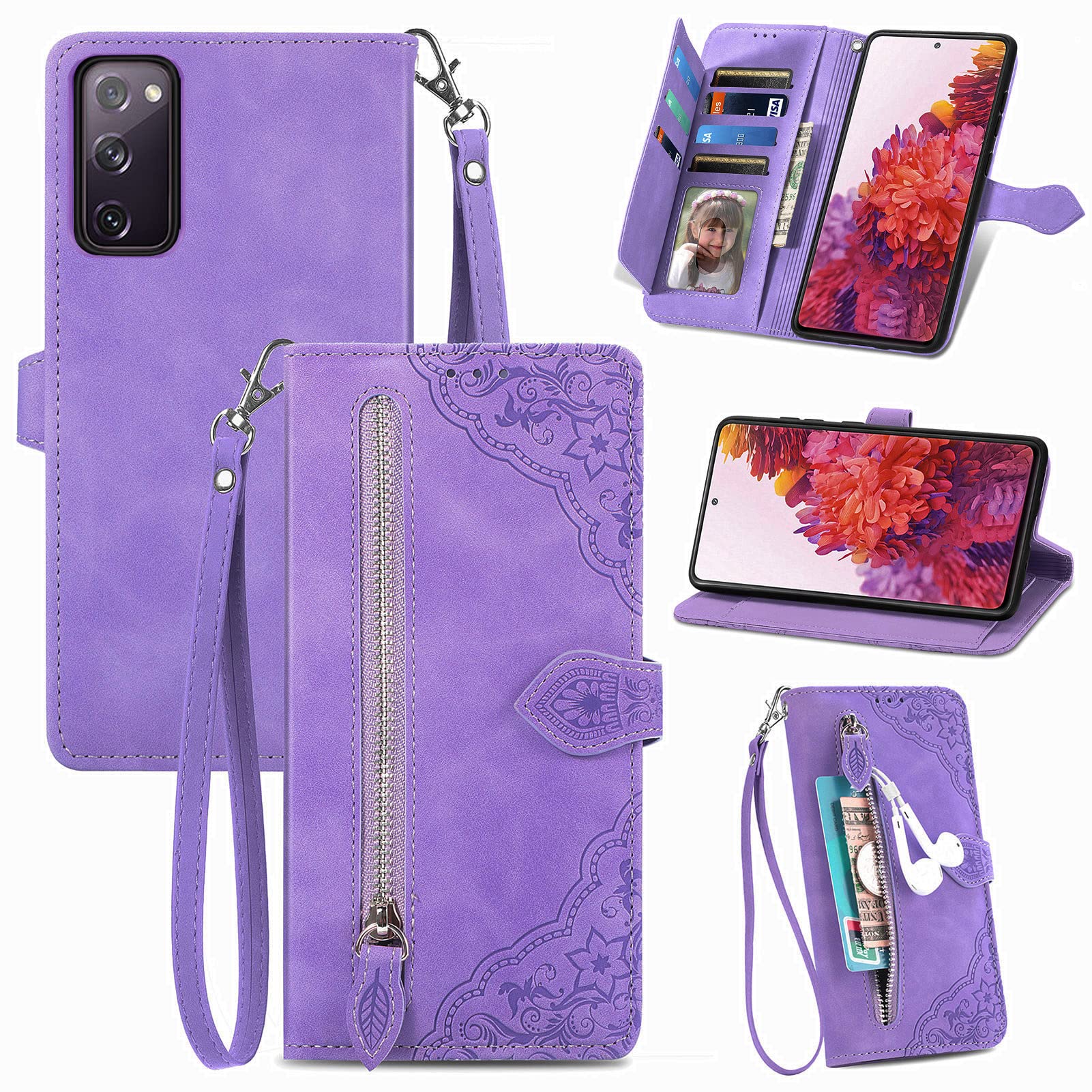 Furiet Compatible with Samsung Galaxy S20 FE 5G 6.5 inch Wallet Case with Wrist Strap Lanyard Leather Flip Card Holder Stand Phone Cover for S 20 EF UW S20FE5G S20FE 20S S2O Fan Edition 4G G5 Purple