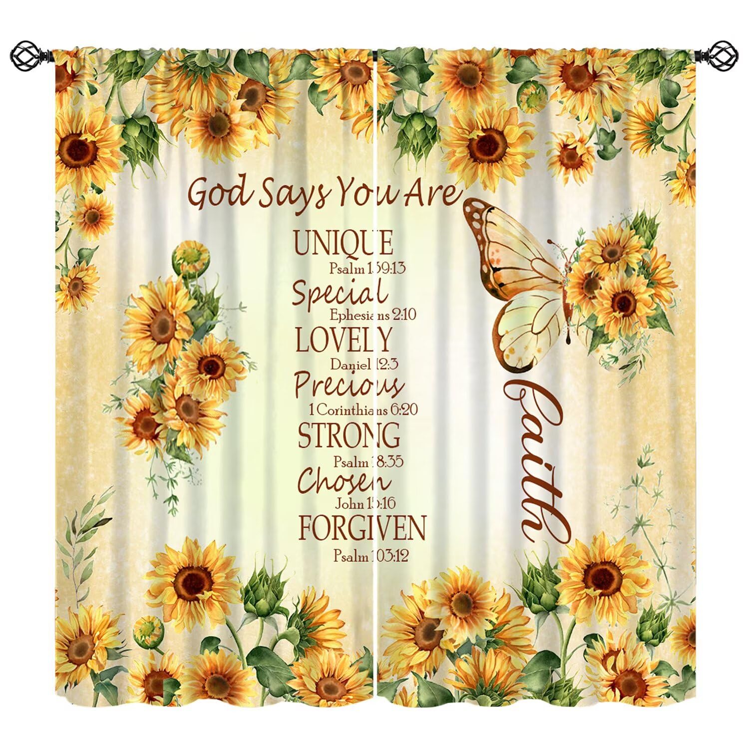 Moderw Bible Verse Quotes Sunflower Curtain for Kids, Vintage Christian Scripture Window Treatments Butterfly Spring Summer Flower Drapes for Girls Women Bedroom Living Room W42xL45in