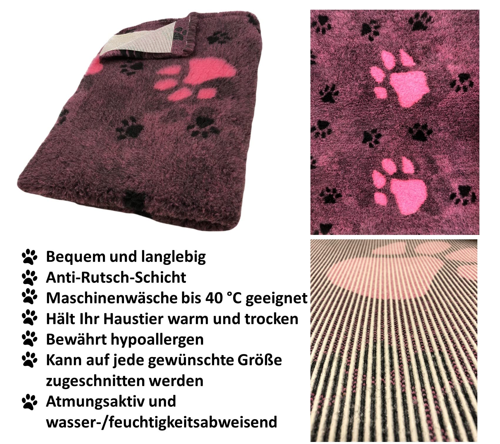 elropet Hundedecke Hundematte Premium 30mm Original rutschfest S/M/L für kleine Hunde/große Hunde Vet Bed höchste Qualitätsstufe (M 100cm X 80cm, Dunkelpink + Pinke Pfote)
