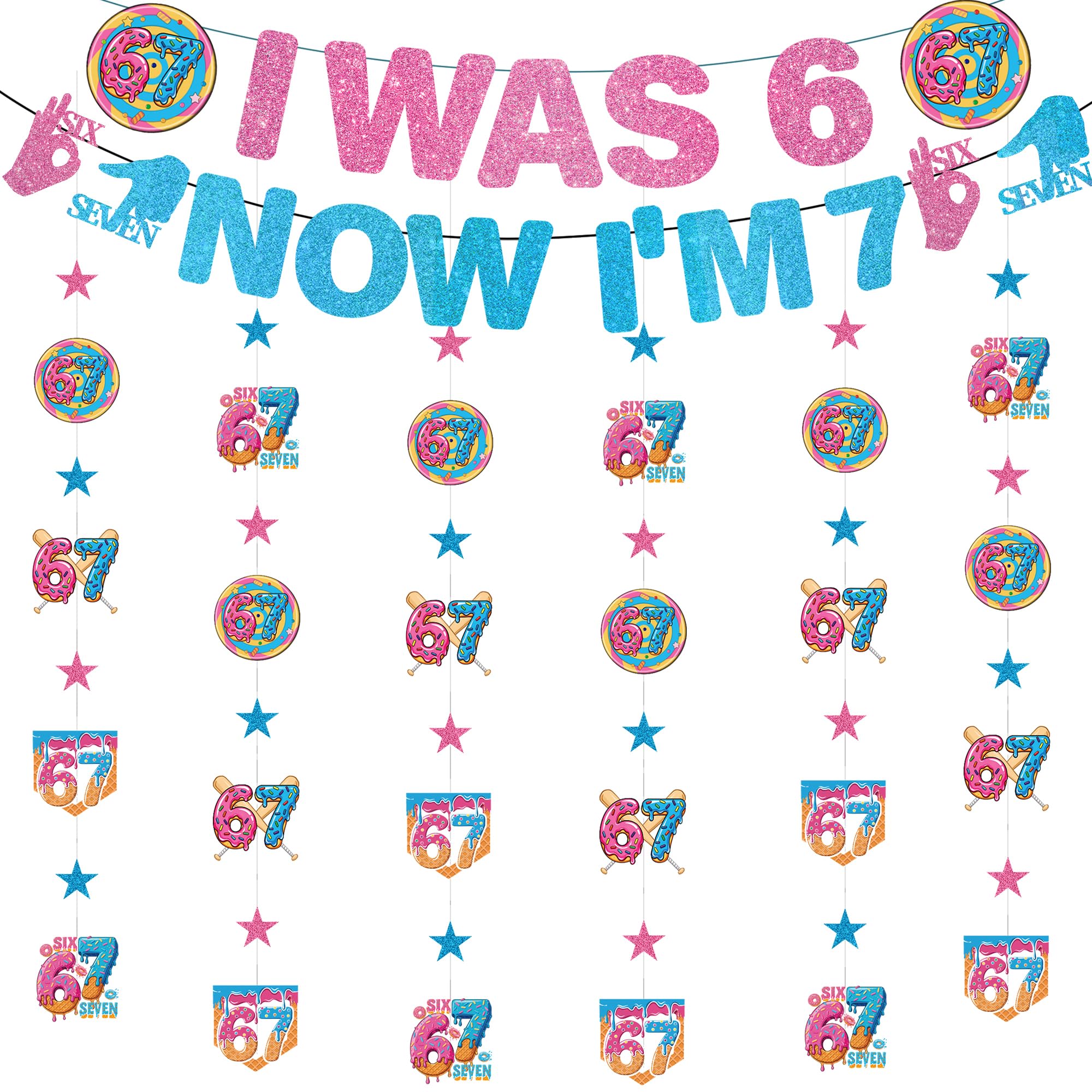 6 7 Meme Birthday Decorations - 8 Pcs Funny Meme I Was 6 Now I'M 7 Banner Hanging Garlands for Boys Girls Pink Blue Six Seven Donut Theme Birthday Party Decor Supplies