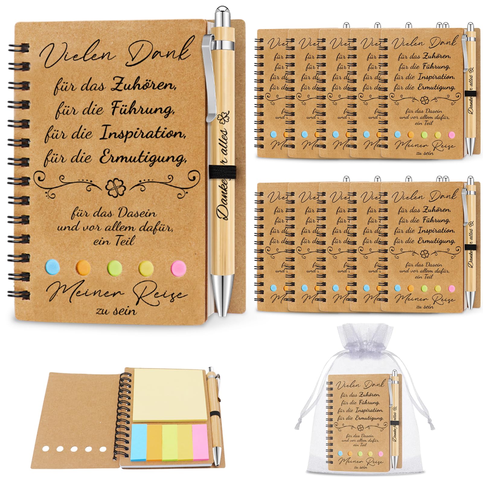 10 Sets Dankeschön Geschenke Klein, Notizbuch Klein mit Kugelschreiber und Organzabeutel, Vielen Danke für Alles, Abschiedsgeschenk Kollegen, Danke Geschenk Kollegin Erzieherin Lehrer Freunde