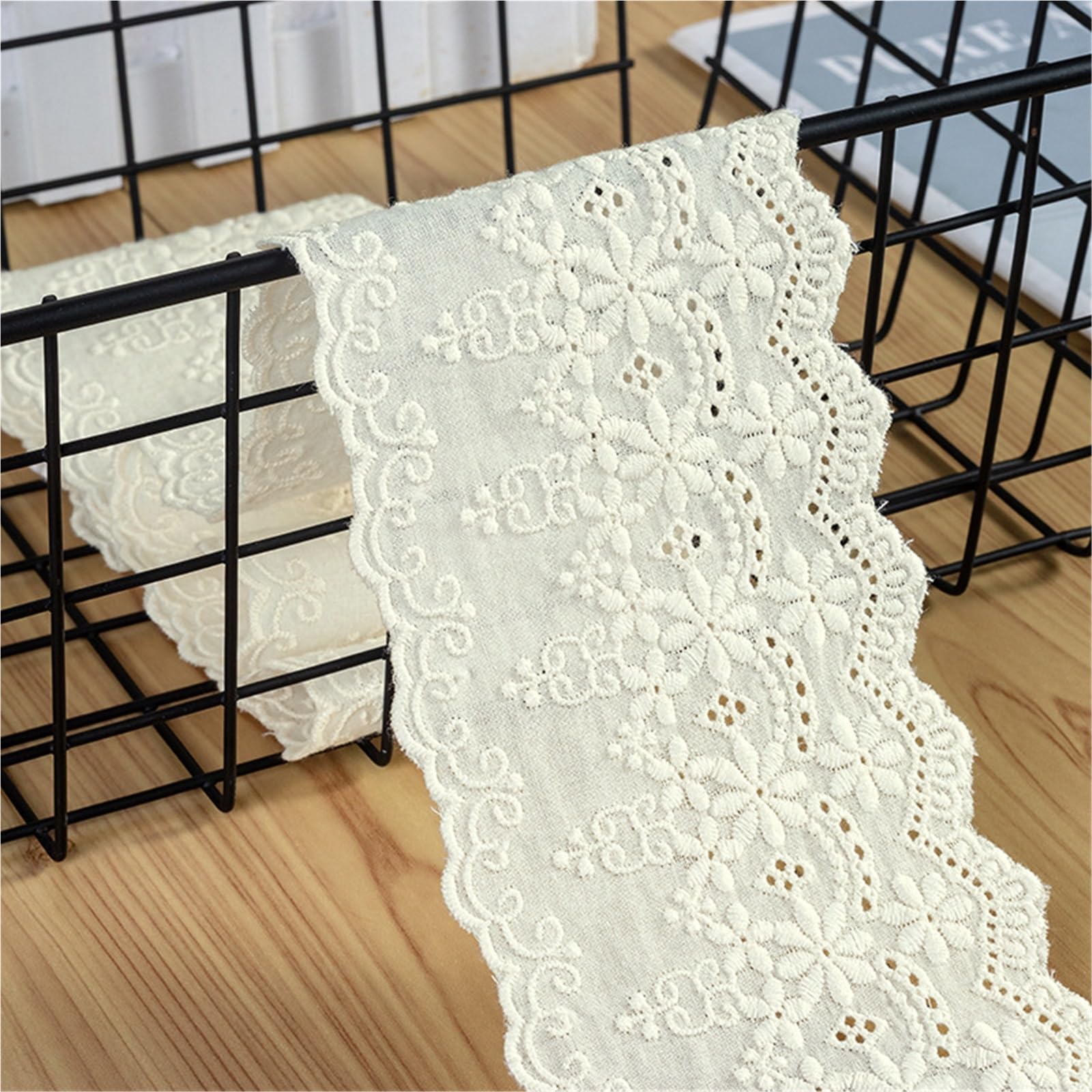 Cinta De Encaje De Algodón Con Ojales Adorno de encaje bordado algodón puro, 5 yardas, 8CM ancho, ropa mujer, vestido, accesorios tela for costura Diy(Beige,14.5-15Yards)