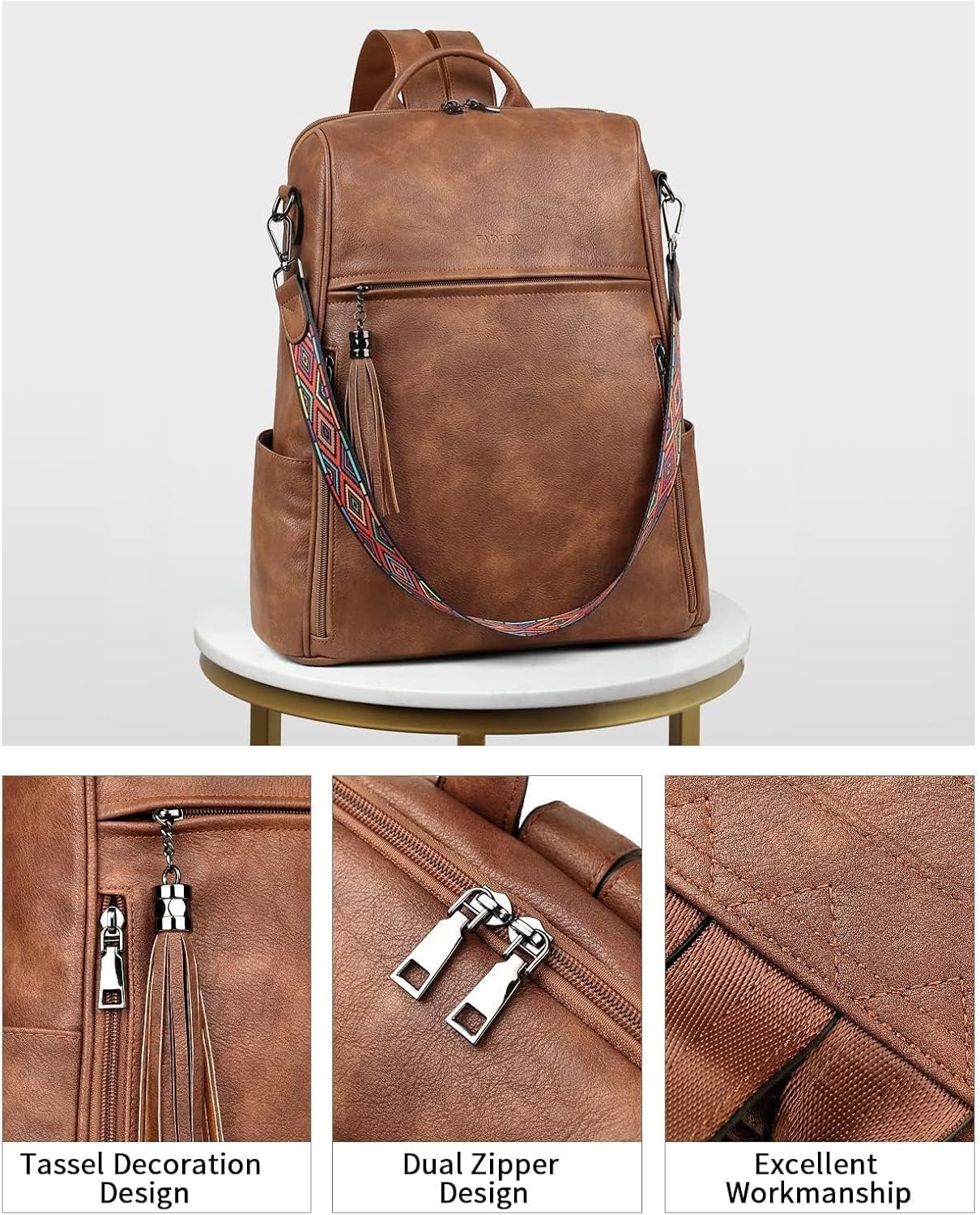 FADEON Leather Laptop Backpack for Women Designer 15.6 inch PU Laptop Bag, Ladies Travel Computer Work Backpack Brown - Image 5