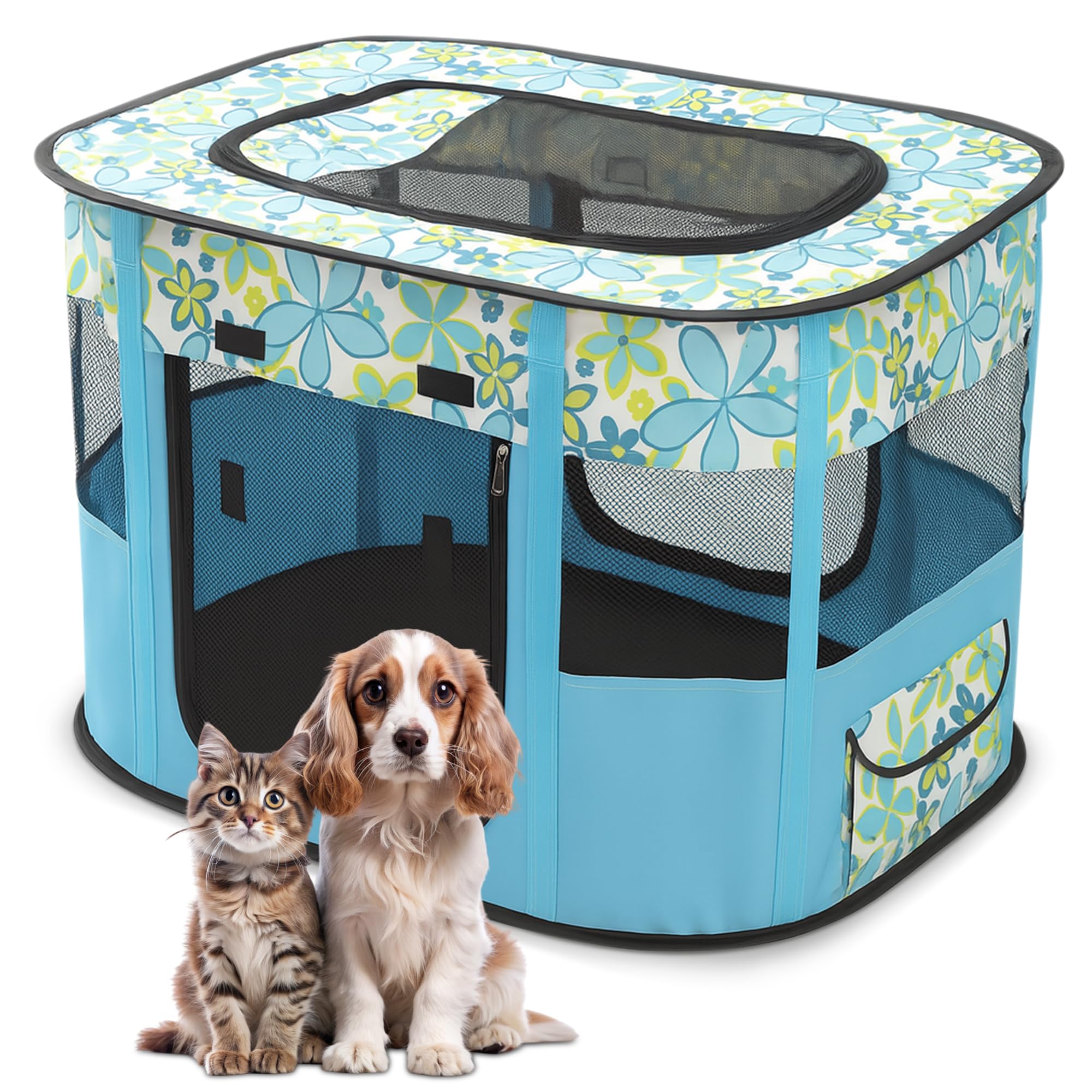ALLSOPETS Cat Playpen for Dog, Foldable Pet Play Pen for Indoor Outdoor Use, Portable Dog Cat Crate Tent for Puppies Kittens, Pop-Up Pet Cage for Travel Camping (Blue Flowers, XXL)
