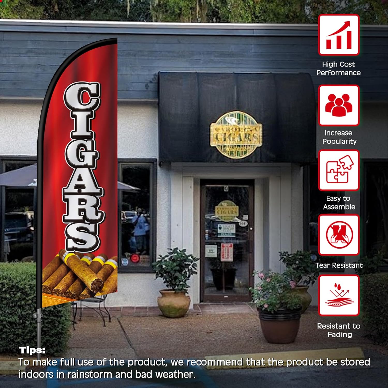 Cigars Flag for Business, Cigars Signs, 8FT Polyester Advertising Swooper Flag with Aluminium Alloy Flag Pole Kit, Stainless Steel, Ground Spike, Portable Bag