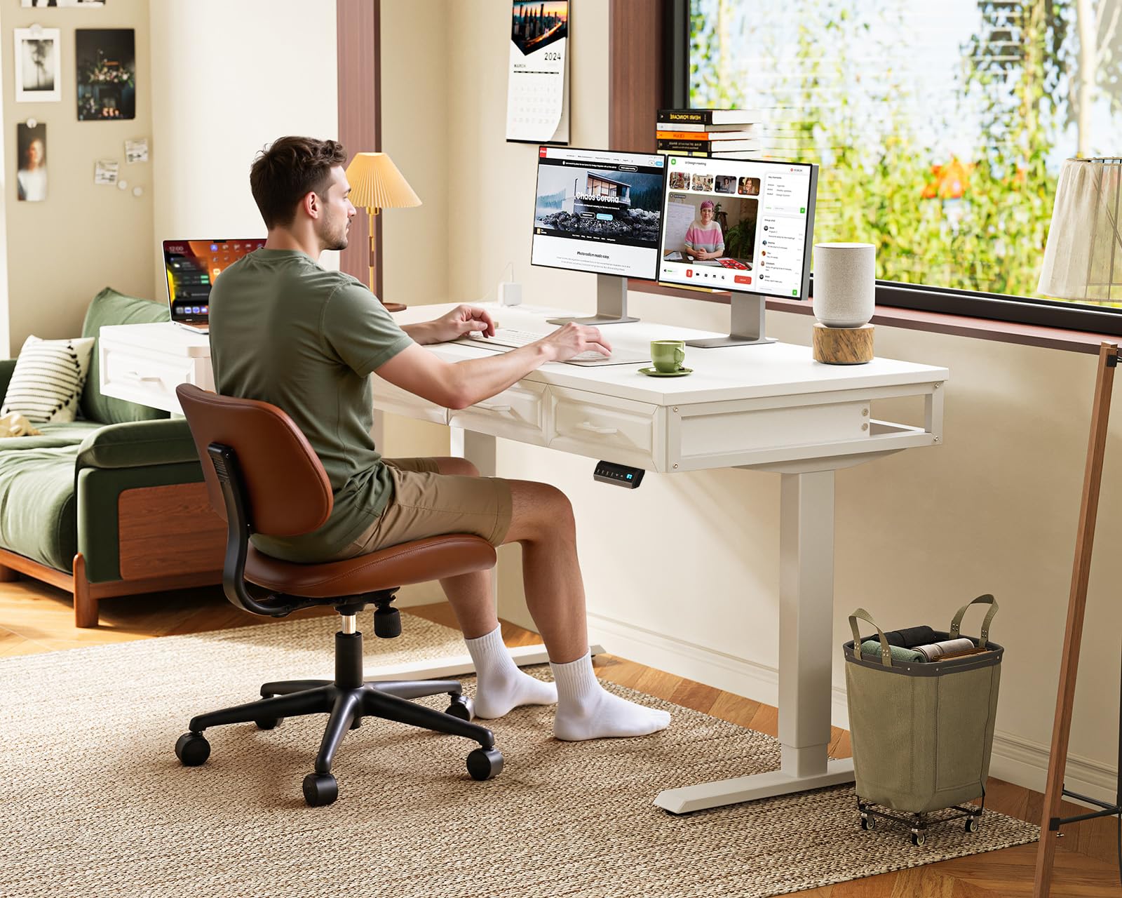 OffiGo L Shaped Electric Standing Desk with Wooden Drawers 55 Inch Height Adjustable Corner Workstation with Power Outlets — view 9