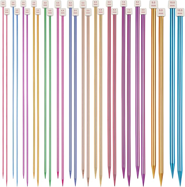Aeelike Coloured Knitting Needles Set 35cm Long, 28Pcs/14 Pairs Aluminium Single Pointed Knitting Needles 2mm-10mm, Long Knitting Needles for Blanket, Straight Metal Knitting Pins for Kids Beginners